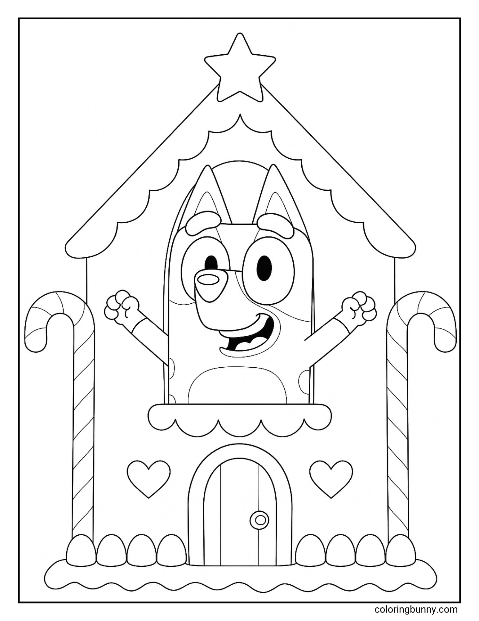 A Bluey Christmas coloring page featuring the character Bluey. She is happily peeking out of the window of a decorated gingerbread house. The house has a star, candy canes, and hearts.
