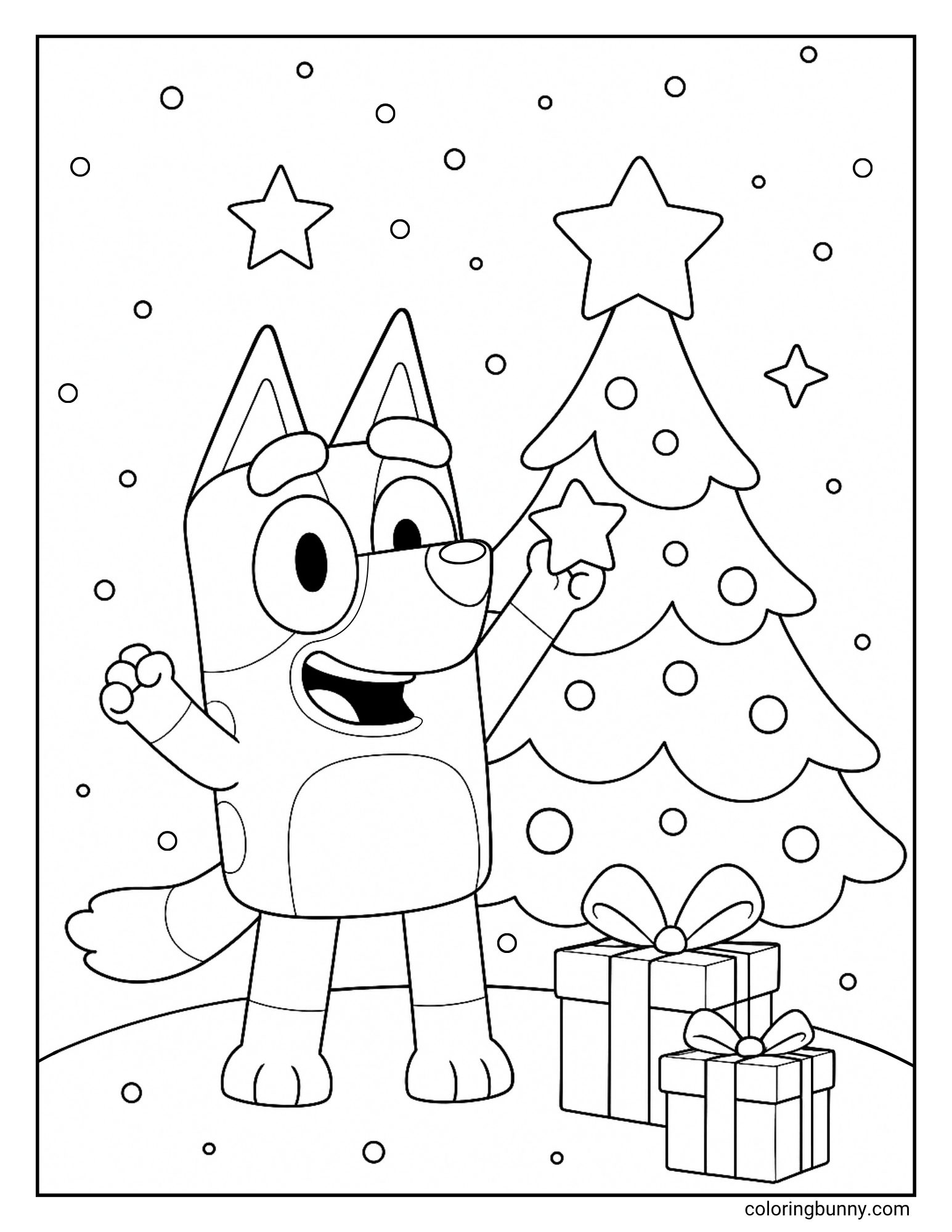 A Bluey Christmas coloring page featuring the character Bluey. She is standing next to a decorated Christmas tree, holding a star ornament. Wrapped presents are at the base of the tree, and it is snowing.