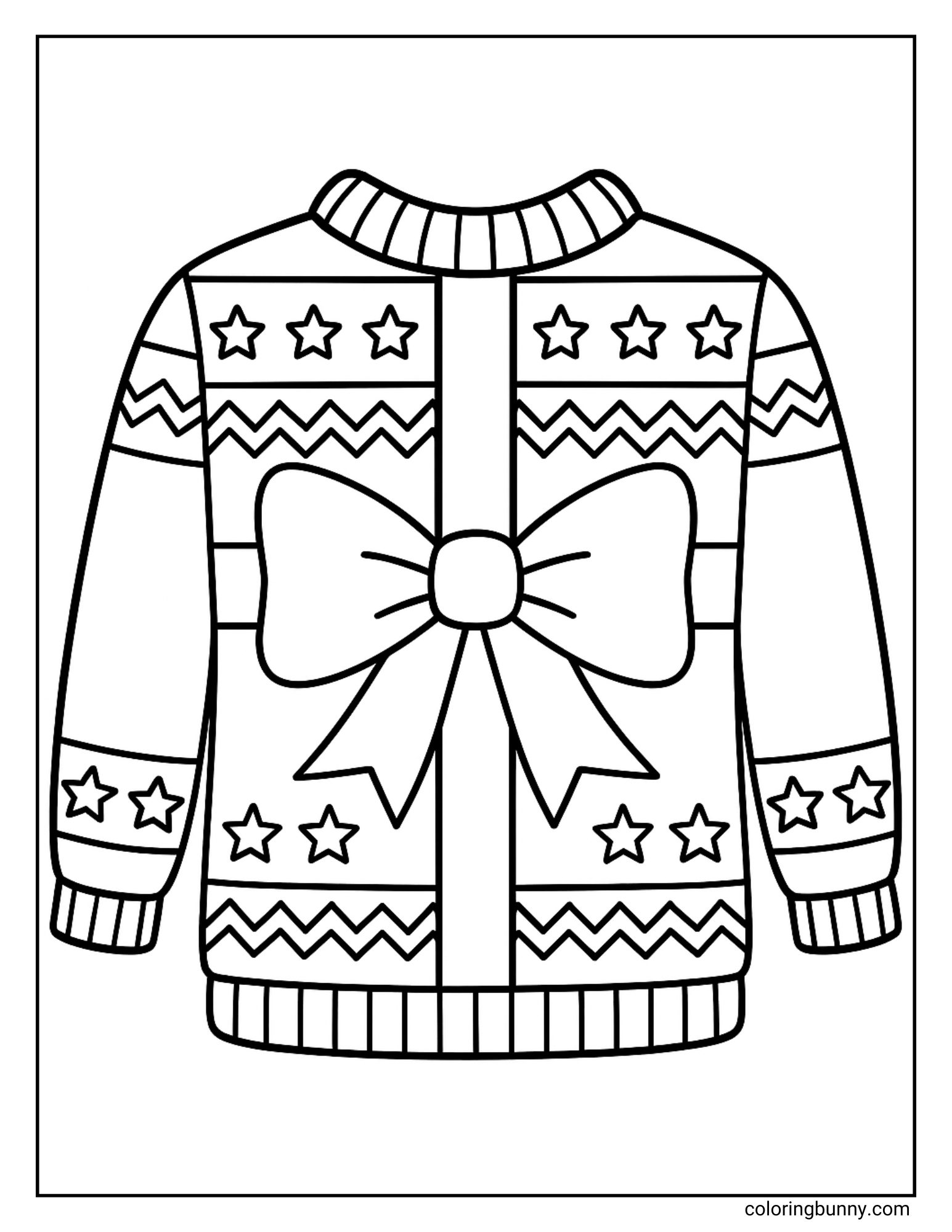 A coloring sheet featuring a knitted Christmas jumper designed to look like a wrapped gift. A large ribbon bow sits in the center, surrounded by rows of stars and zigzag lines on the body and sleeves.