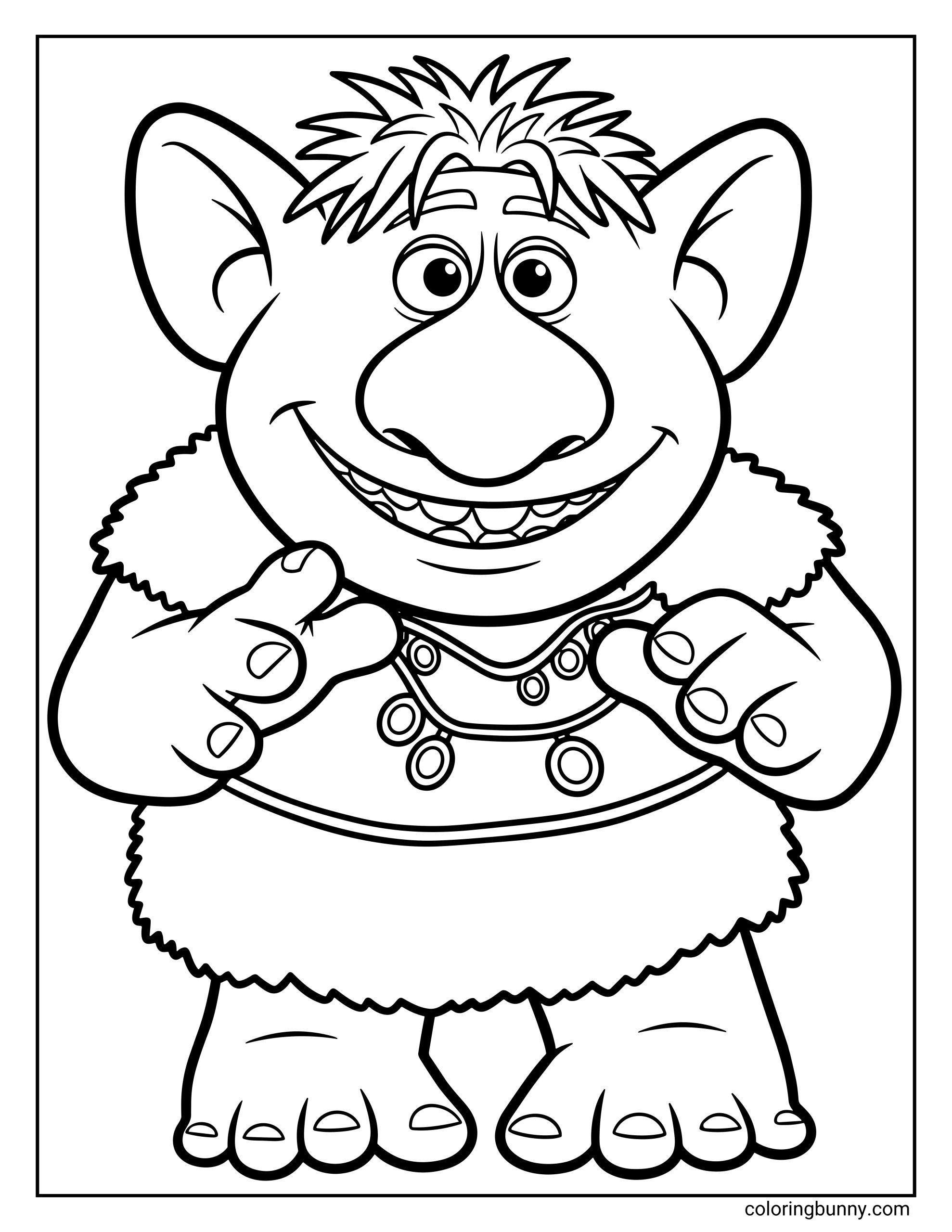 A Frozen coloring page featuring Bulda the troll standing and smiling warmly. She has big round ears, spiky hair, a wide nose, and a necklace with circular charms. Her hands are reaching forward and she wears a furry dress.