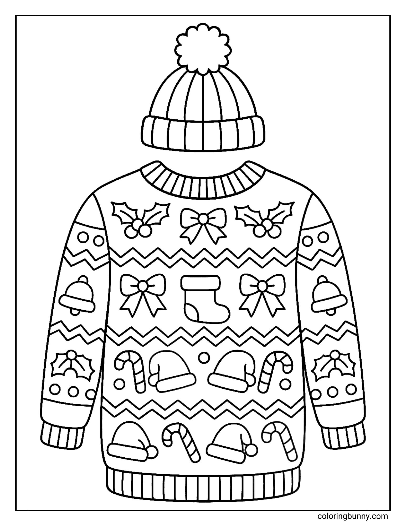 An ugly Christmas sweater coloring sheet featuring a knit hat with a pom-pom floating above a highly decorated winter pullover. The shirt is covered in rows of holiday items including bells, bows, stockings, candy canes, and Santa hats between zig-zag lines.