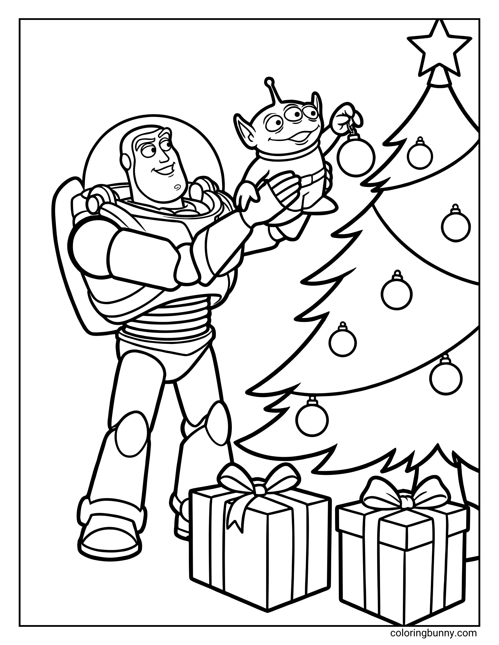 A Toy Story Disney Christmas coloring page of Buzz Lightyear holding up a small three-eyed alien so he can place an ornament on a decorated Christmas tree. Wrapped presents sit beneath the tree as the two characters share a cheerful holiday moment.