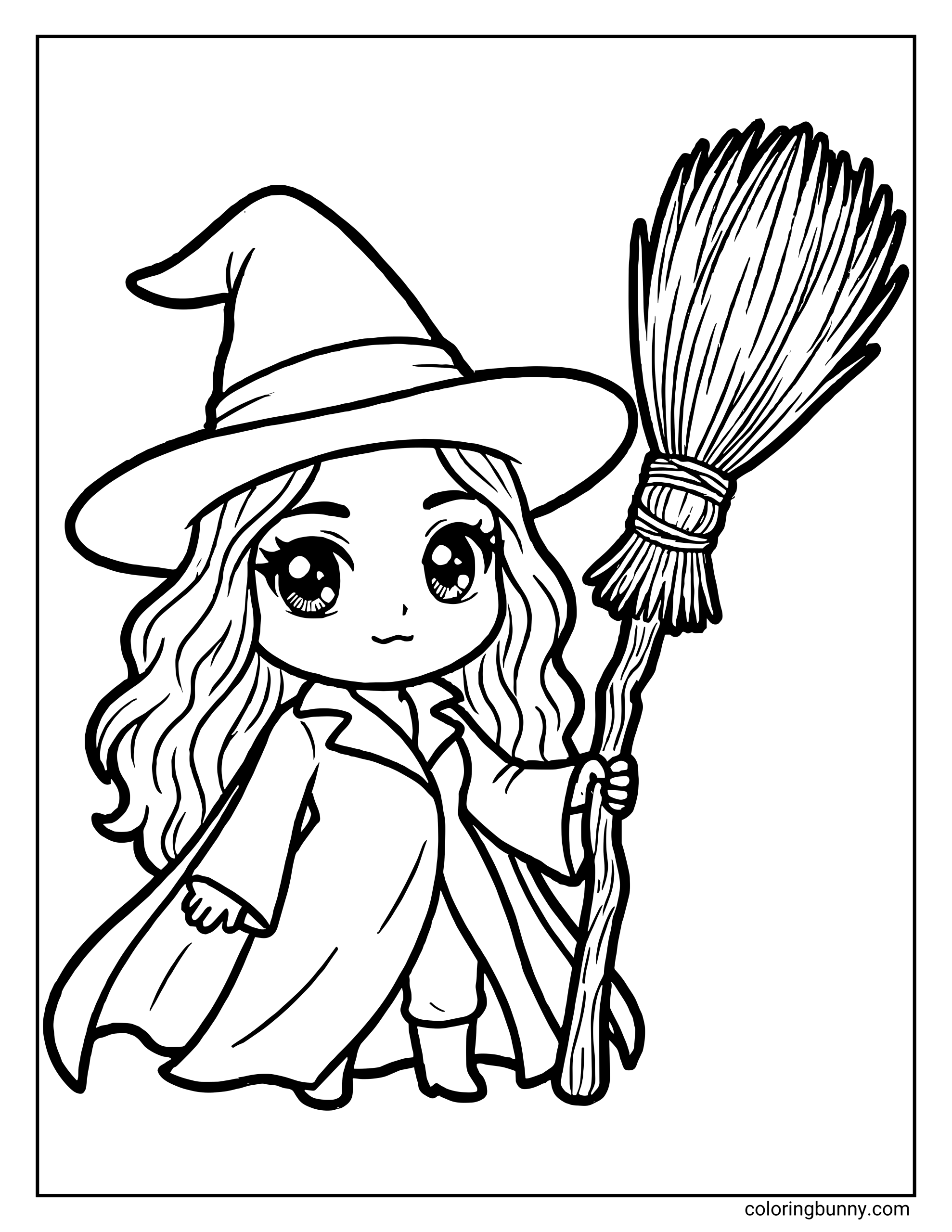 A Wicked coloring page of a chibi-style Elphaba witch holding a rustic broom. She wears a pointed hat, long coat, and has big sparkly eyes with wavy hair peeking out from under the hat.