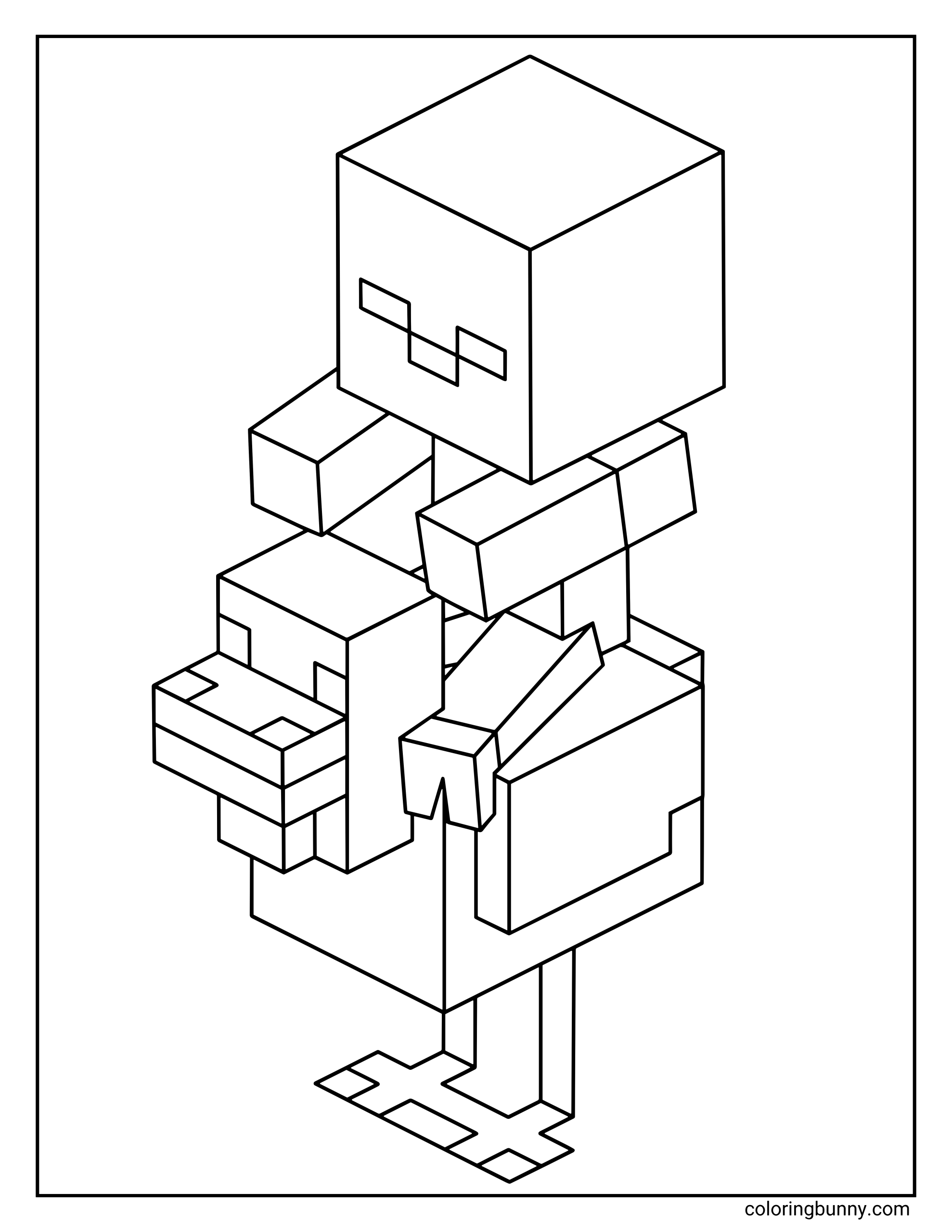 A Minecraft coloring page featuring a baby zombie riding on top of a chicken, drawn in the game’s classic blocky, pixelated style.