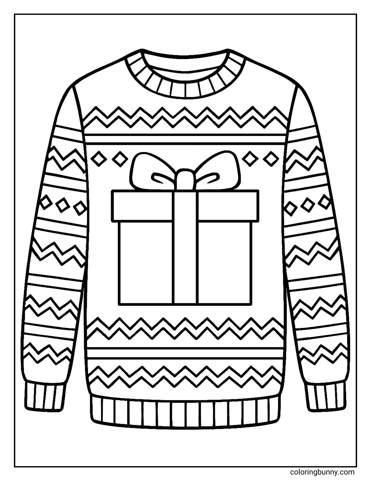 A coloring page of a knitted Christmas sweater with a large gift box and bow on the front. The jumper features rows of zigzag lines and diamond patterns across the chest and sleeves.