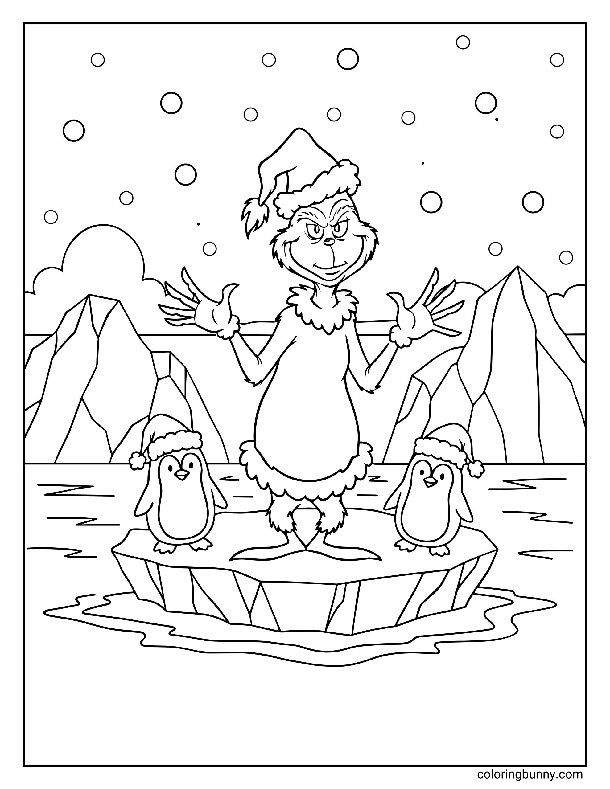 A Grinch coloring page showing the Grinch in a Santa hat standing on an ice floe between two penguins wearing Santa hats, with snowy mountains and falling snow in the background.