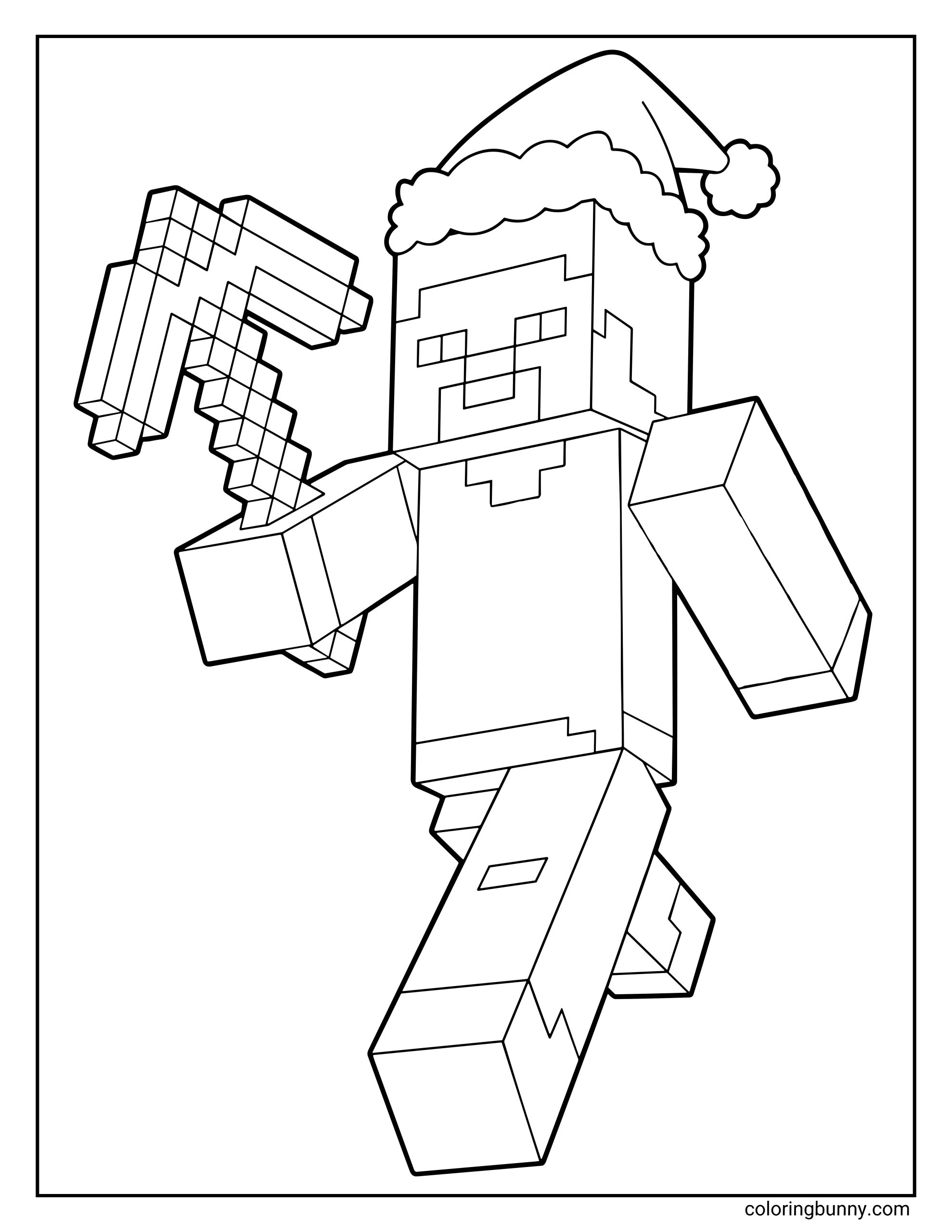 A Minecraft Christmas coloring page featuring Steve wearing a Santa hat and holding a pixelated pickaxe.