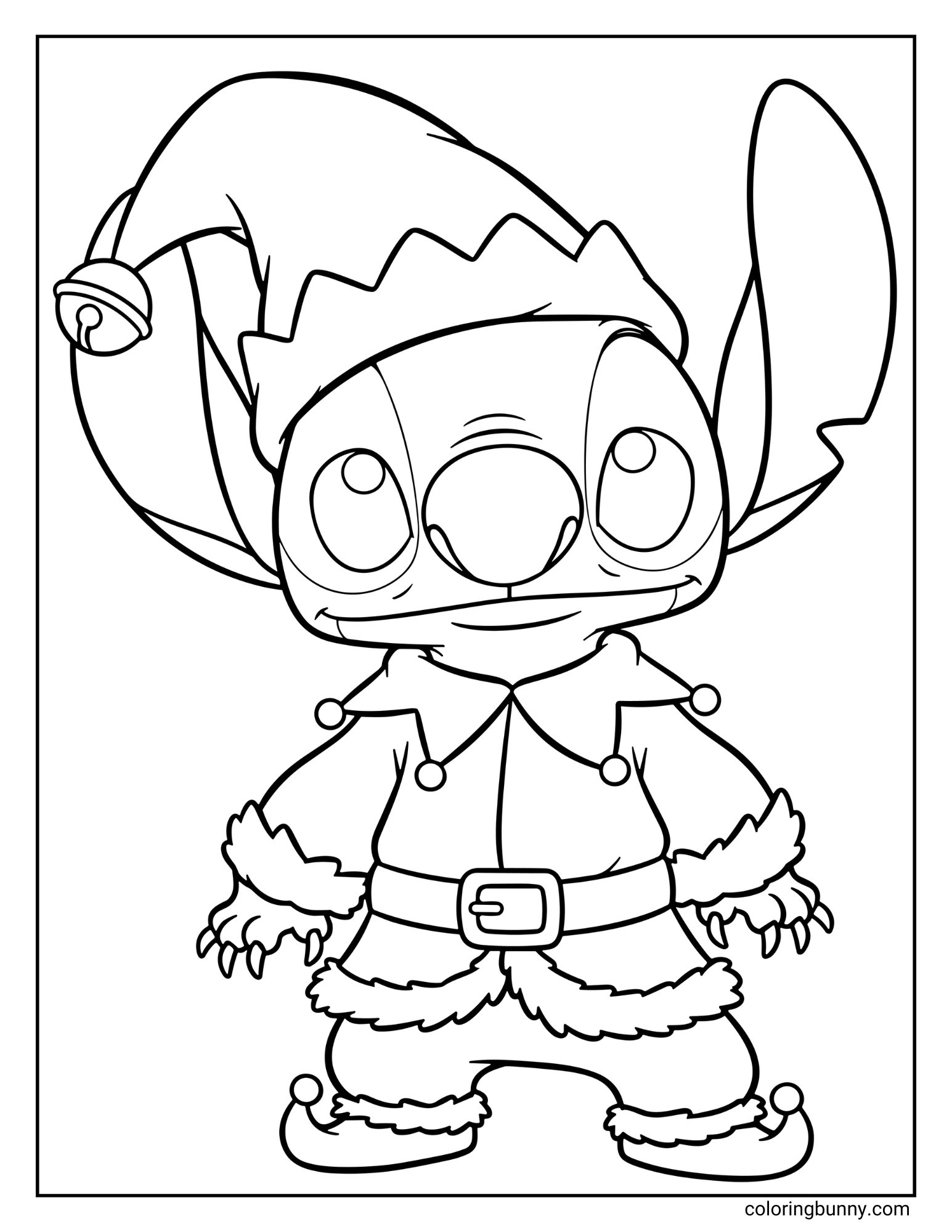 A Christmas coloring page featuring the character Stitch. He is standing and wearing a full elf costume, complete with a jingle-bell hat and curly-toed shoes.