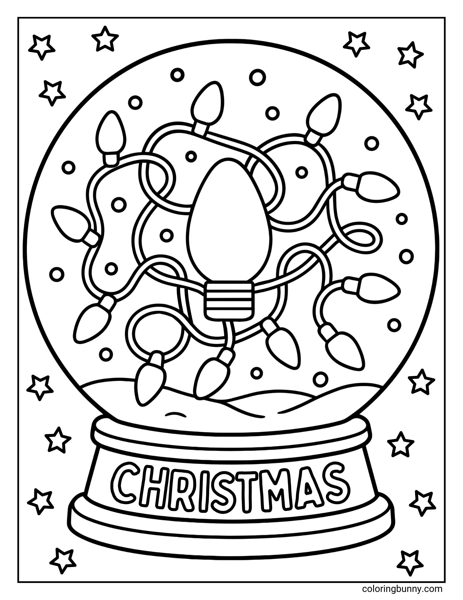 A snow globe coloring sheet featuring a large snow globe containing a giant central light bulb surrounded by a tangle of smaller string lights. The base reads "CHRISTMAS," and the globe is surrounded by floating stars.