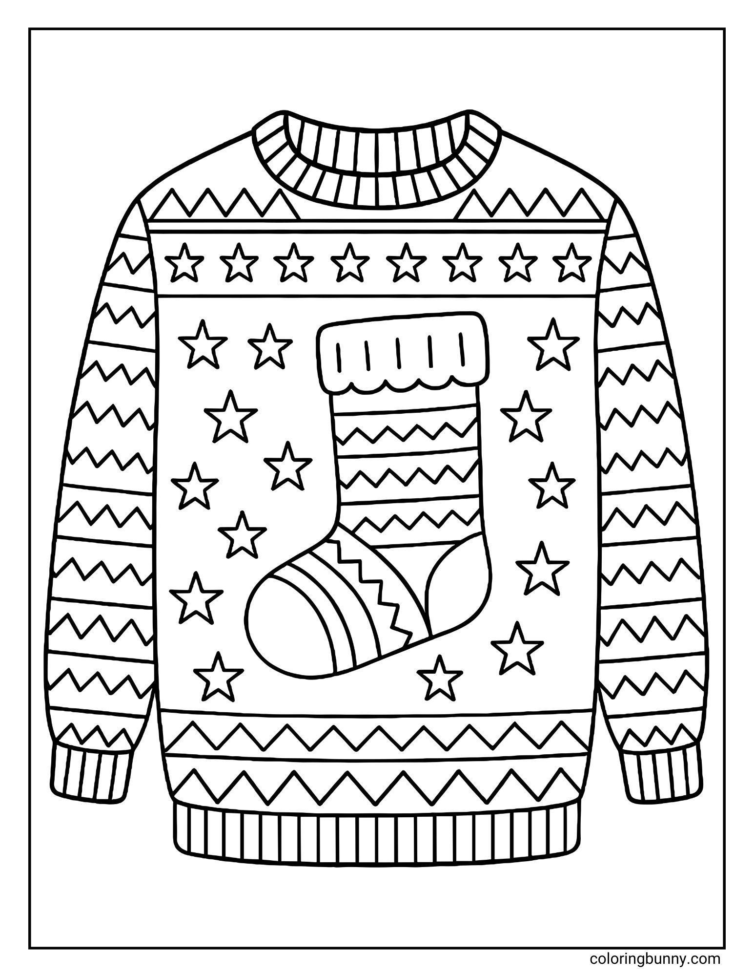 A coloring page displaying a knitted winter jumper design. The chest features a large, patterned Christmas stocking surrounded by numerous stars, while the sleeves and hem are detailed with rows of zigzag lines.