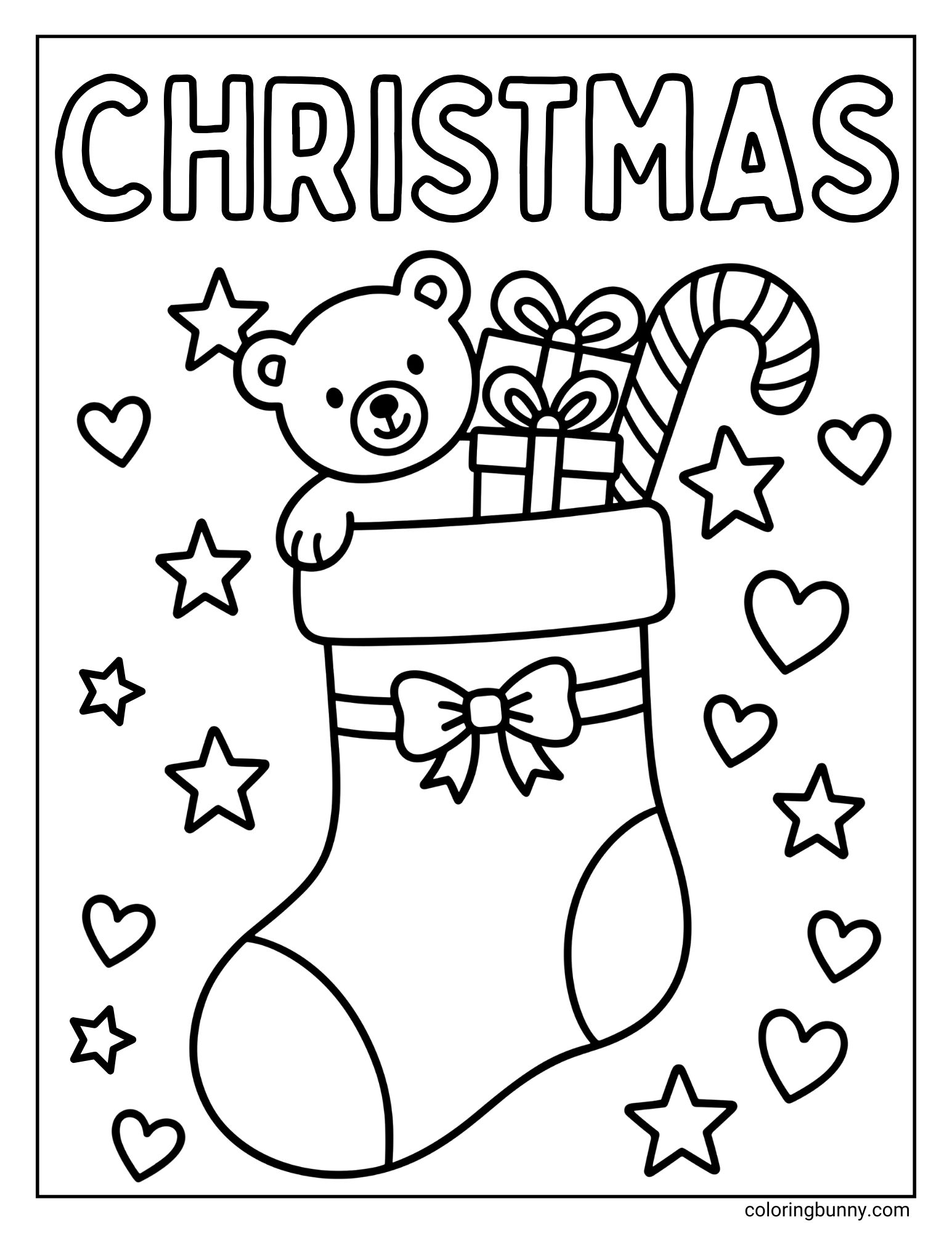 A black and white coloring page with the word "CHRISTMAS" at the top. The image features a Christmas stocking overflowing with a teddy bear, a wrapped present, and a candy cane. The stocking is decorated with a bow, and the background is filled with hearts and stars.