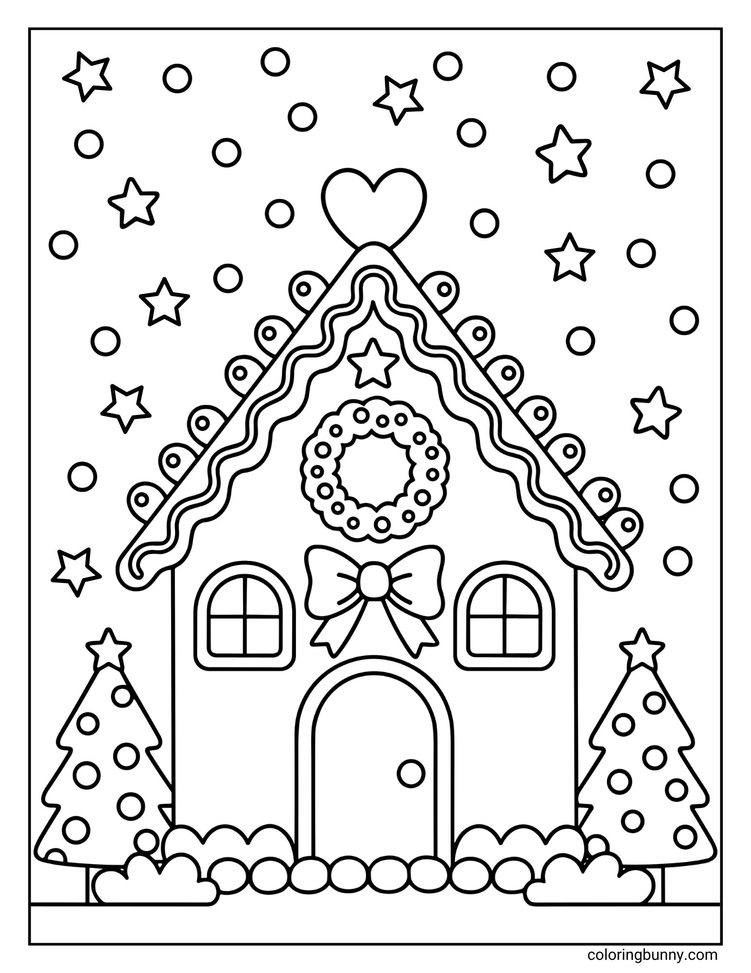 A Christmas-themed coloring page showing a gingerbread house decorated with a round wreath and a large bow. The cottage sits between two Christmas trees under a sky filled with falling stars and snow.