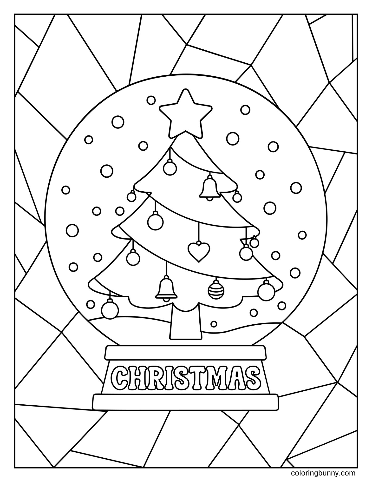 A coloring page featuring a snow globe containing a decorated Christmas tree with a star, bells, and hearts. The base reads "CHRISTMAS," and the background is filled with irregular geometric shapes.