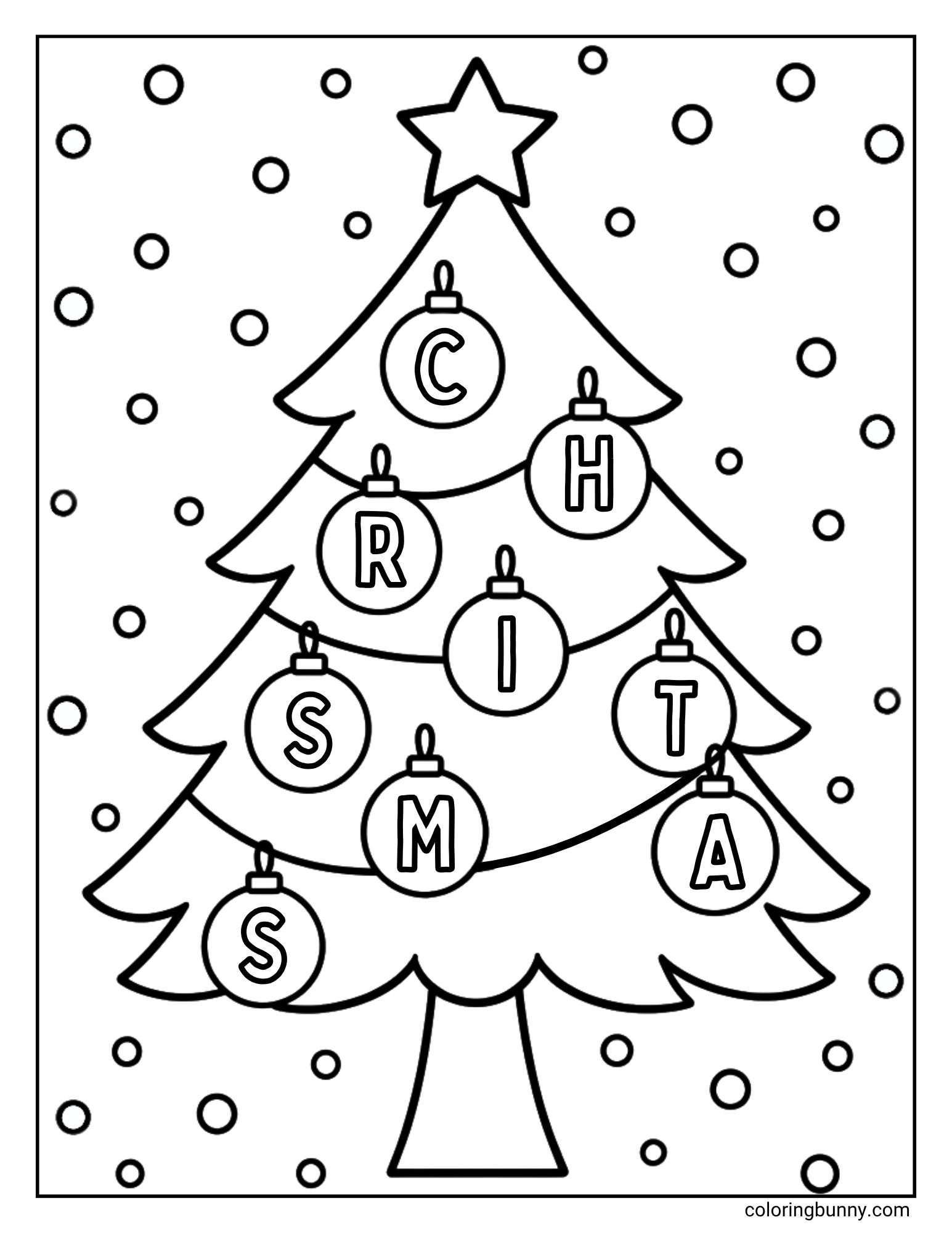 A black and white coloring page featuring a Christmas tree with a star on top. The tree is decorated with eight ornaments, each containing one letter, that together spell out "CHRISTMAS". The background is filled with falling snow.