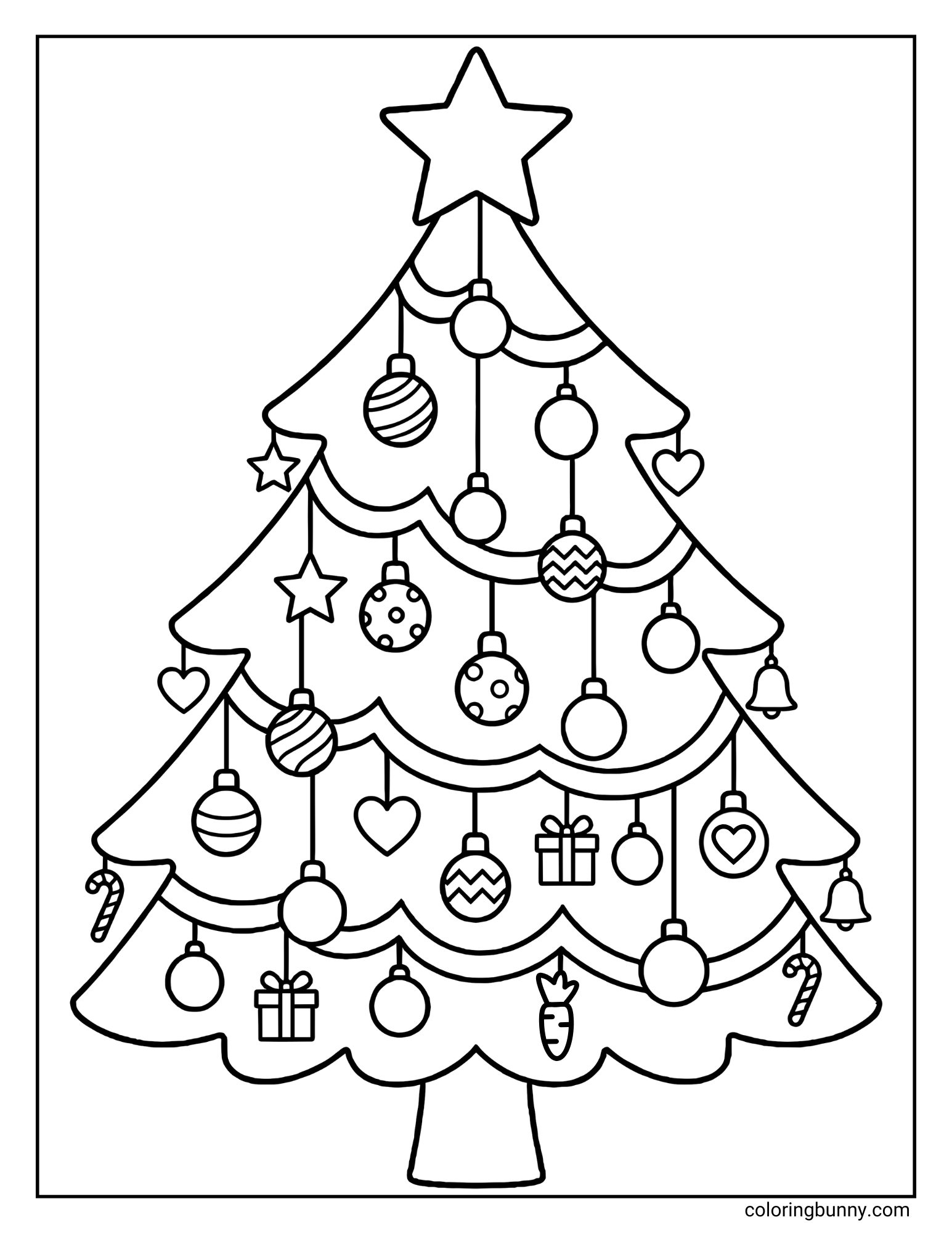 A Christmas coloring sheet features a large Christmas tree topped with a five-pointed star. The branches are heavily decorated with hanging ornaments including round baubles, hearts, bells, wrapped gifts, candy canes, and even a carrot.