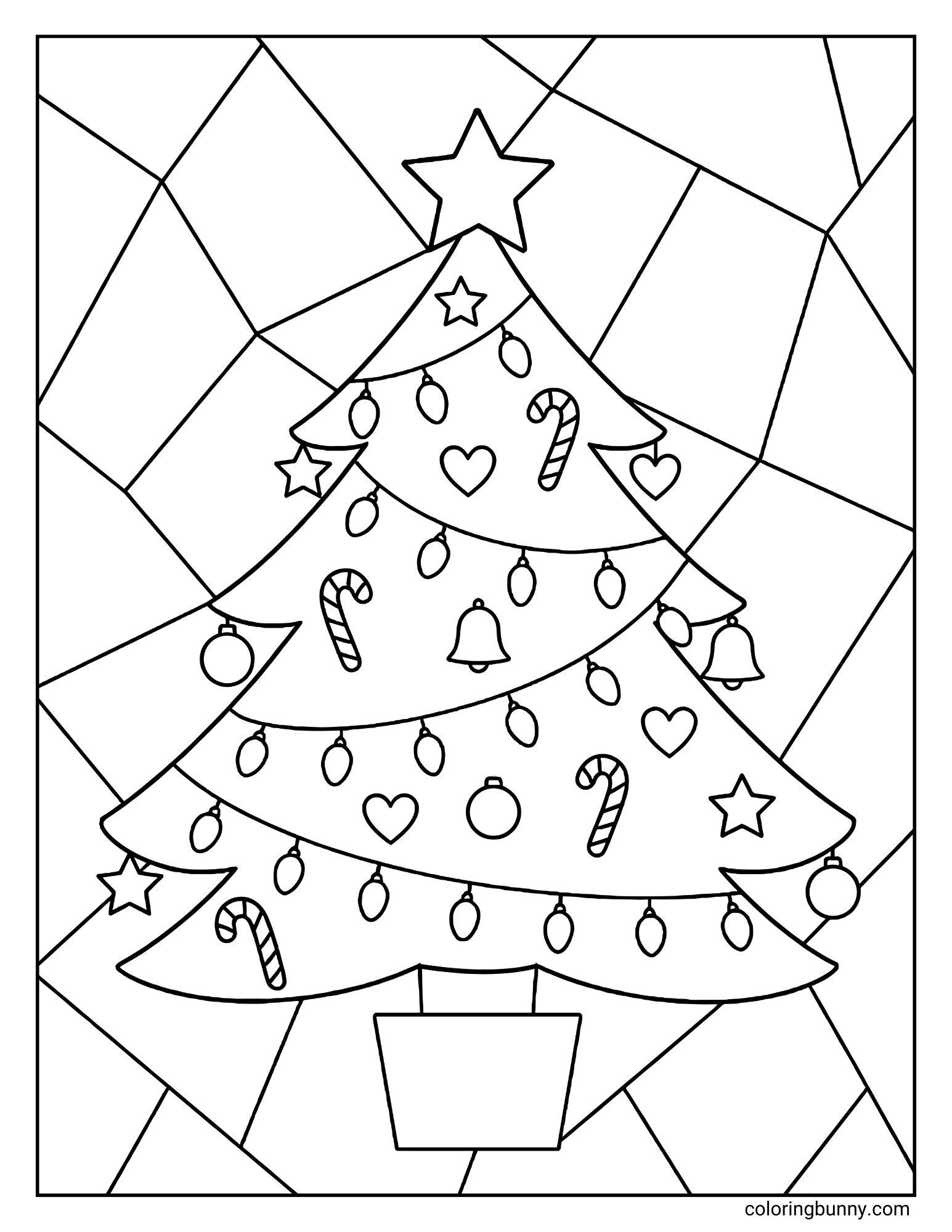A coloring sheet featuring a potted Christmas tree topped with a star. The tree is decorated with candy canes, bells, hearts, and string lights, set against a geometric mosaic background.