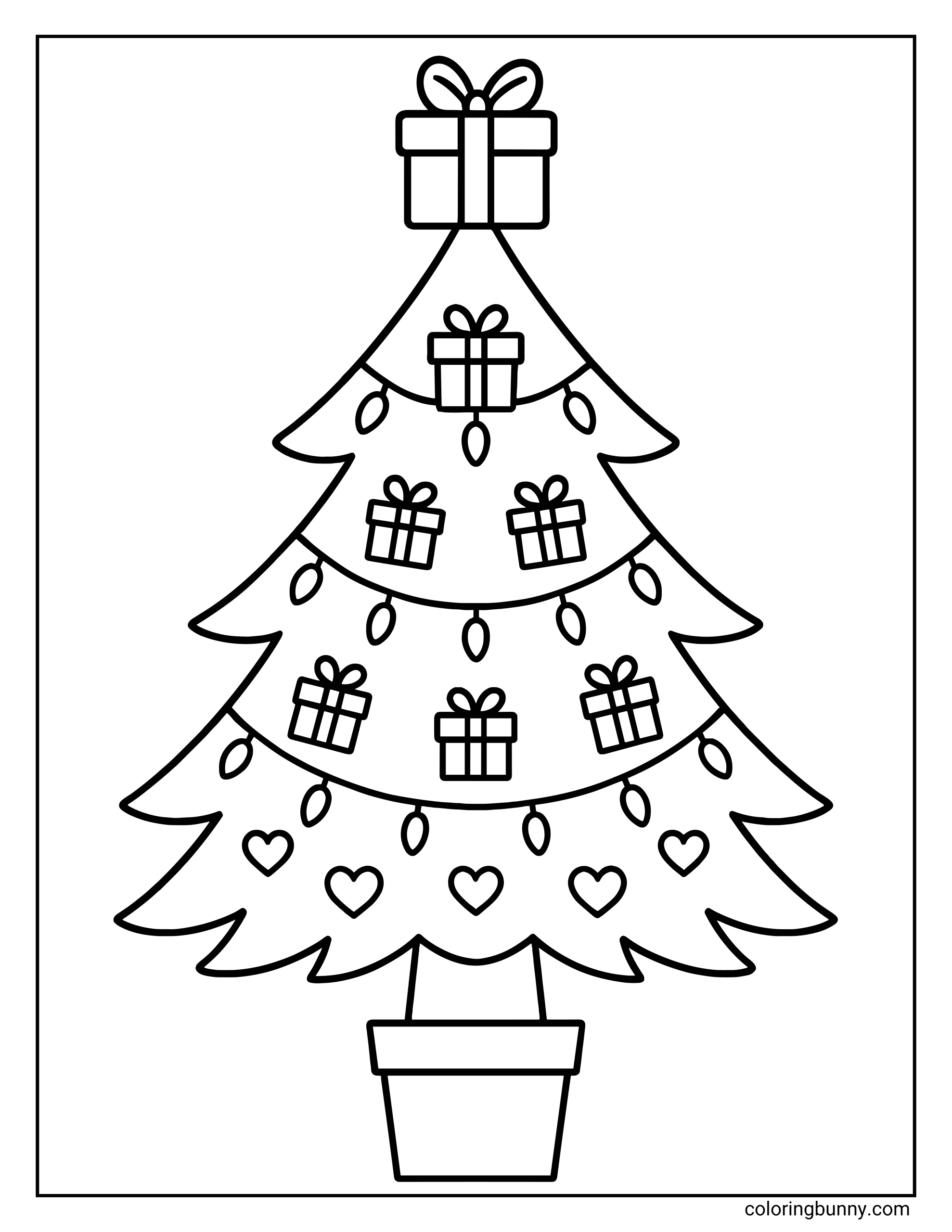 A kids coloring page featuring a potted Christmas tree topped with a wrapped gift box. The branches are decorated with hanging presents, string lights, and a row of hearts near the bottom.