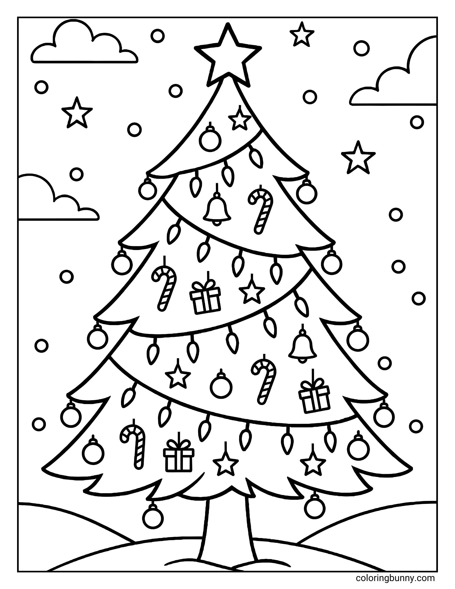 A Christmas coloring page featuring a large Christmas tree standing on a snowy hill. The tree is topped with a star and decorated with string lights, candy canes, bells, and gifts, set against a background of clouds and stars.