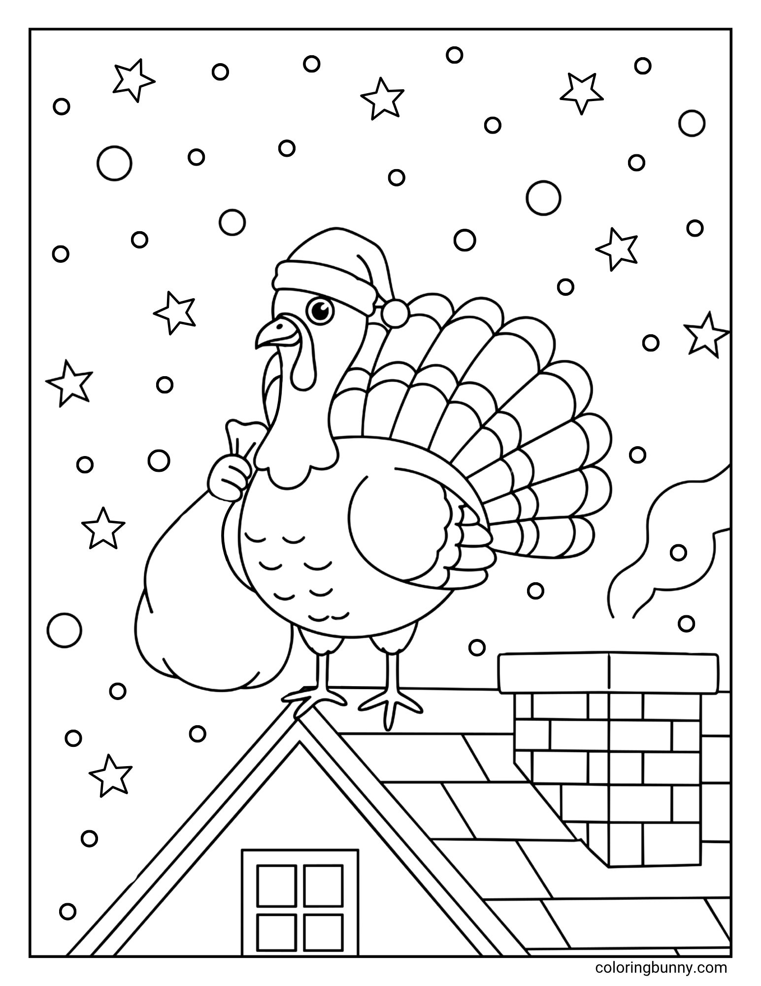A black and white coloring page featuring a turkey. The turkey is wearing a Santa hat and holding a sack of presents, standing on a snowy rooftop next to a chimney. The background is a night sky with stars and snow.