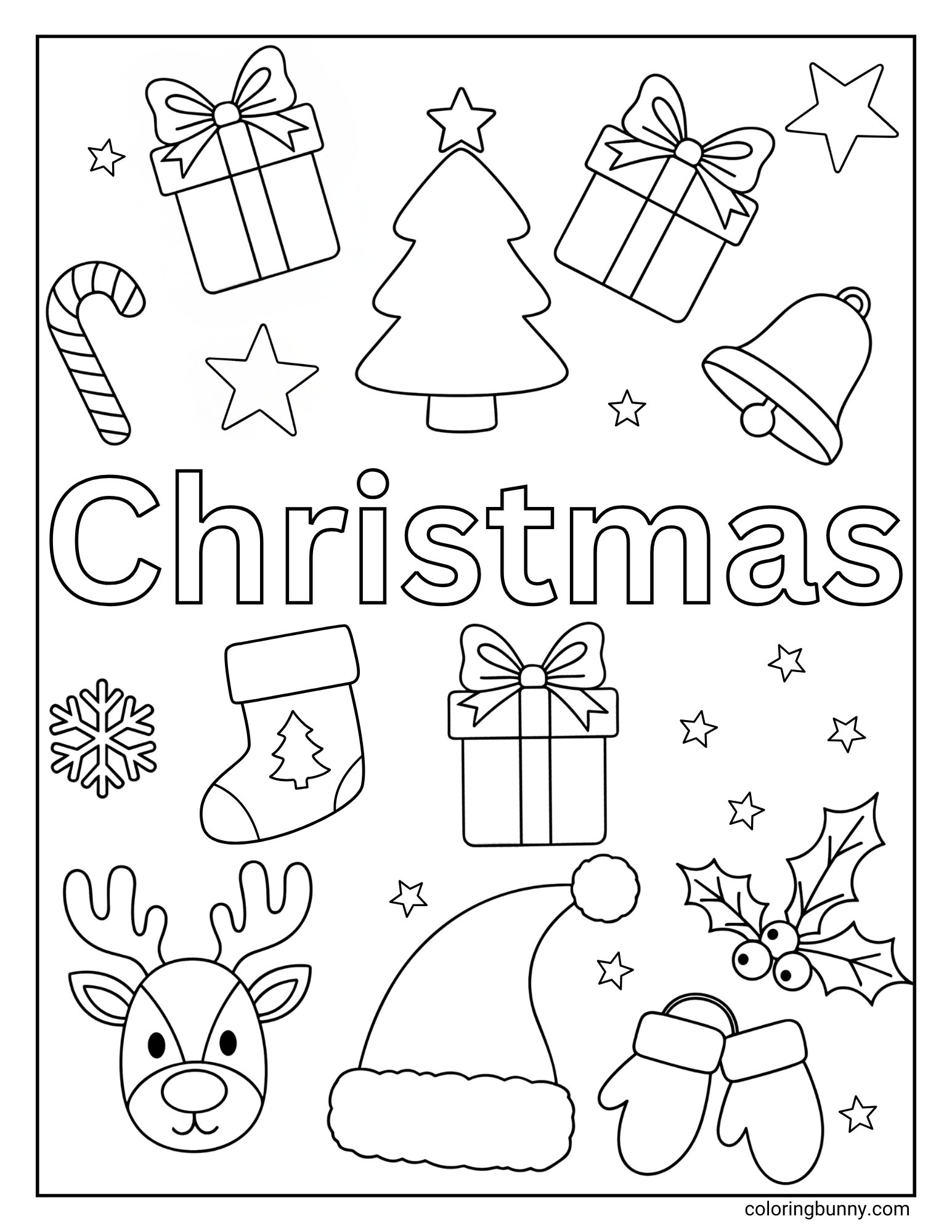 A black and white coloring page with the word "CHRISTMAS" in the center. The page is surrounded by various festive doodles, including a reindeer head, a Santa hat, mittens, presents, a tree, a jingle bell, and holly.
