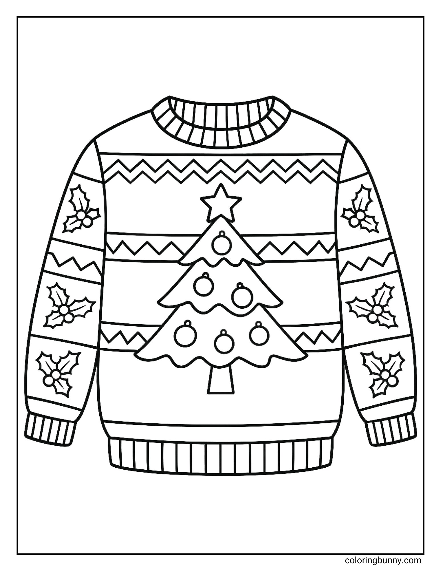 A coloring sheet featuring a knitted jumper with a large Christmas tree design in the center. The tree has round ornaments and a star, while the sleeves are decorated with holly leaves.