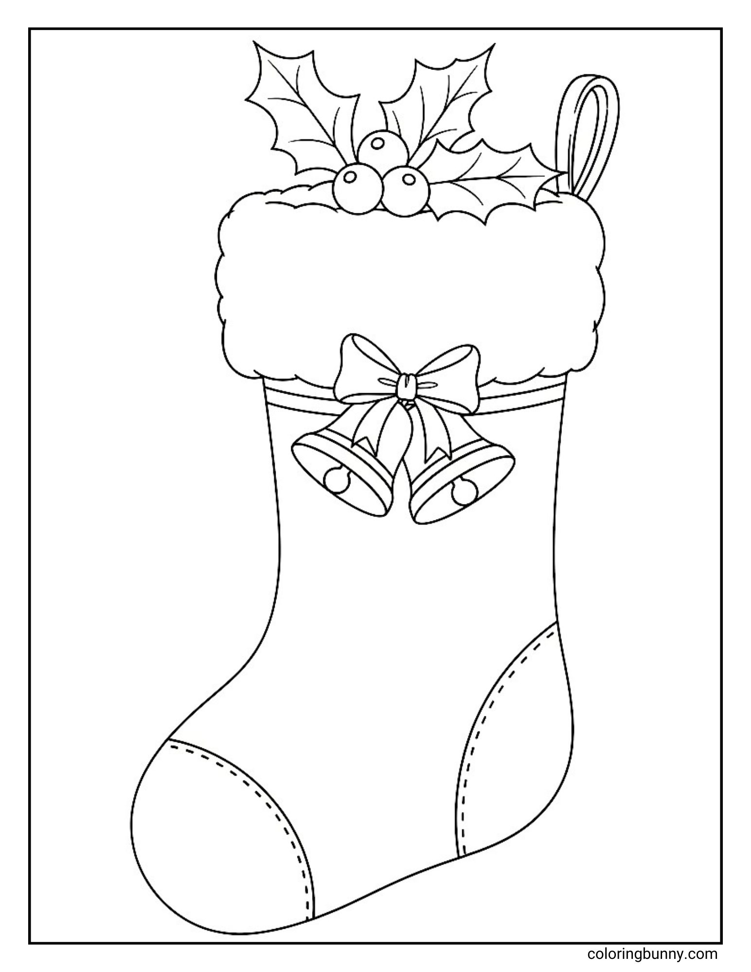 A coloring page depicting a classic Christmas stocking. The design features a fluffy cuff topped with holly leaves and berries, while two ringing bells tied with a bow decorate the front.