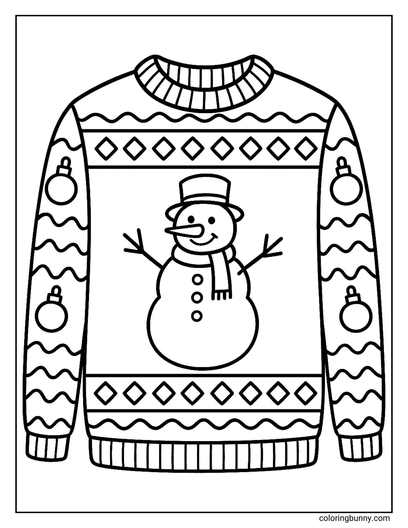 A coloring sheet displaying a patterned Christmas jumper. The central design is a snowman wearing a top hat and scarf. The sleeves feature wavy lines and hanging baubles, while diamond shapes run across the chest.