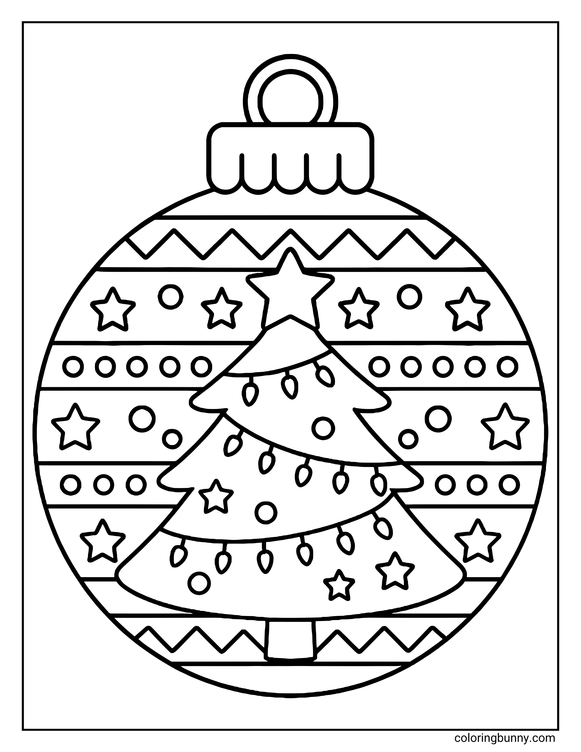 A Christmas coloring page featuring a large Christmas bauble. The center displays a decorated Christmas tree topped with a star, while the surrounding background is filled with horizontal rows of stars, circles, and zigzag lines.