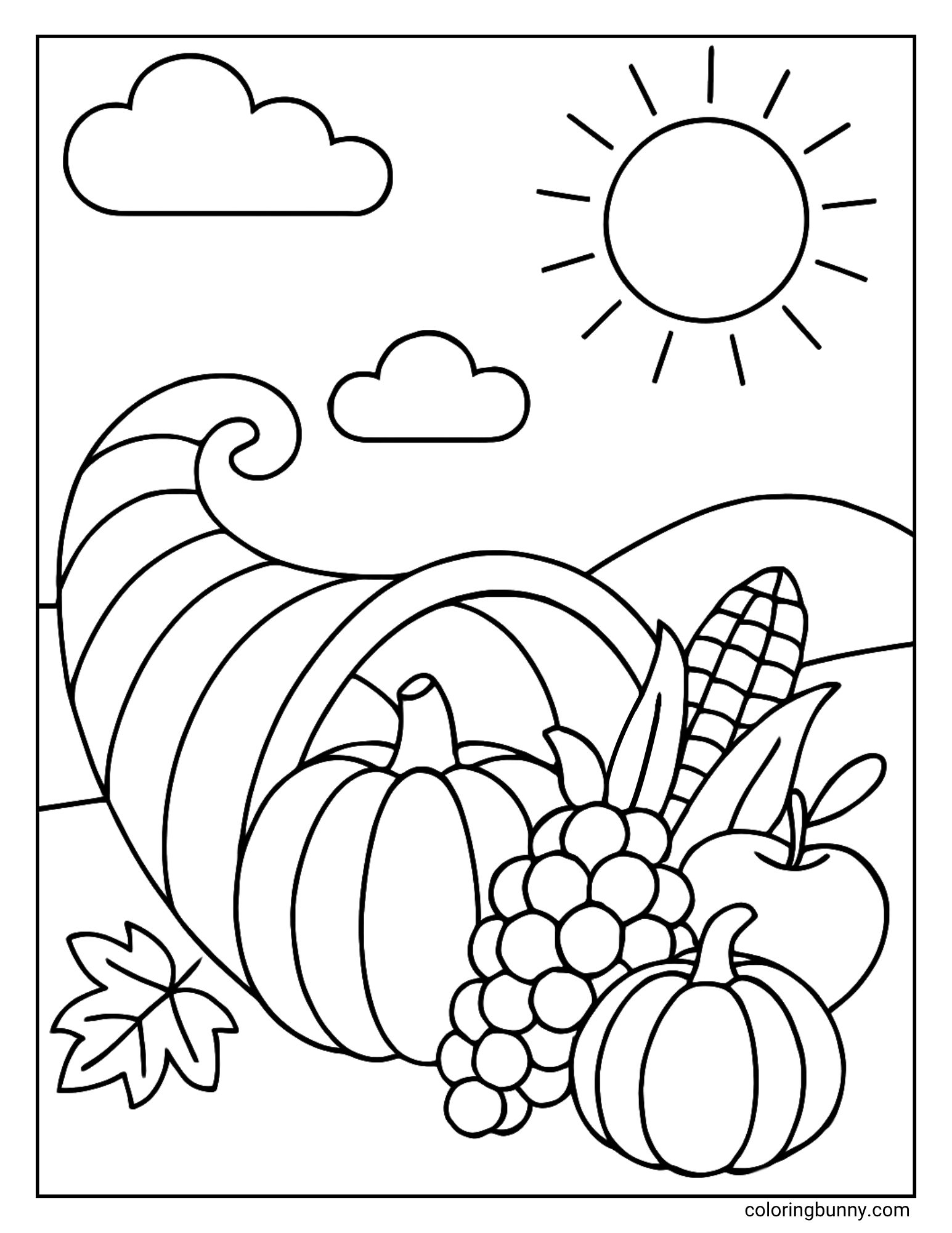 A landscape coloring sheet showing a large cornucopia overflowing with a pumpkin, a bunch of grapes, corn, and an apple. The scene is set outdoors with rolling hills, clouds, and a sun in the sky.