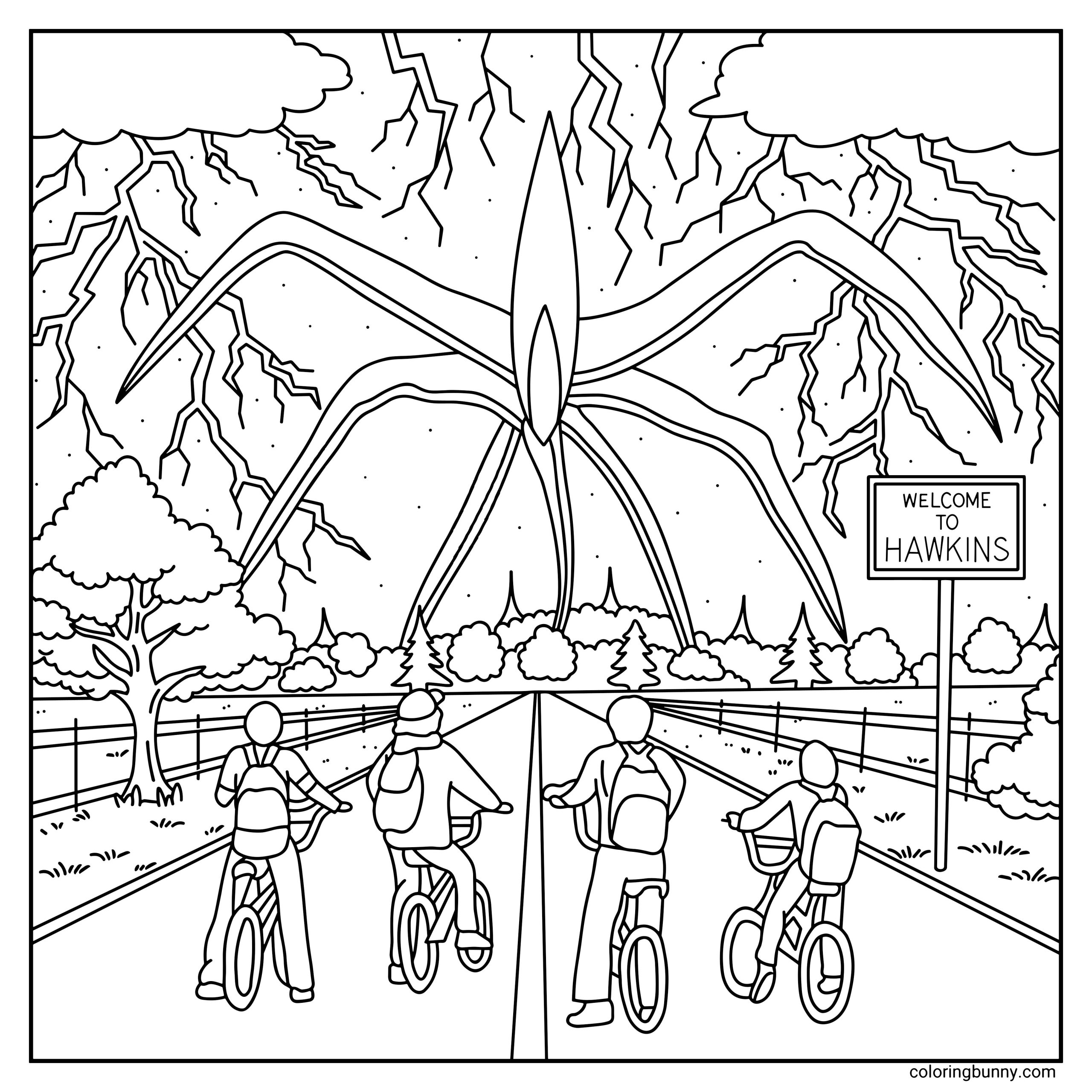 A cozy Stranger Things coloring page featuring the four main Hawkins characters, Mike Wheeler, Eleven, Dustin Henderson, and Lucas Sinclair, riding their bikes down a long road toward the town of Hawkins. On the right, a "Welcome to Hawkins" sign stands tall, while ominous storm clouds and lightning swirl above. In the distance, the towering, shadowy figure of the Mind Flayer looms large, adding a thrilling touch to this nostalgic scene.
