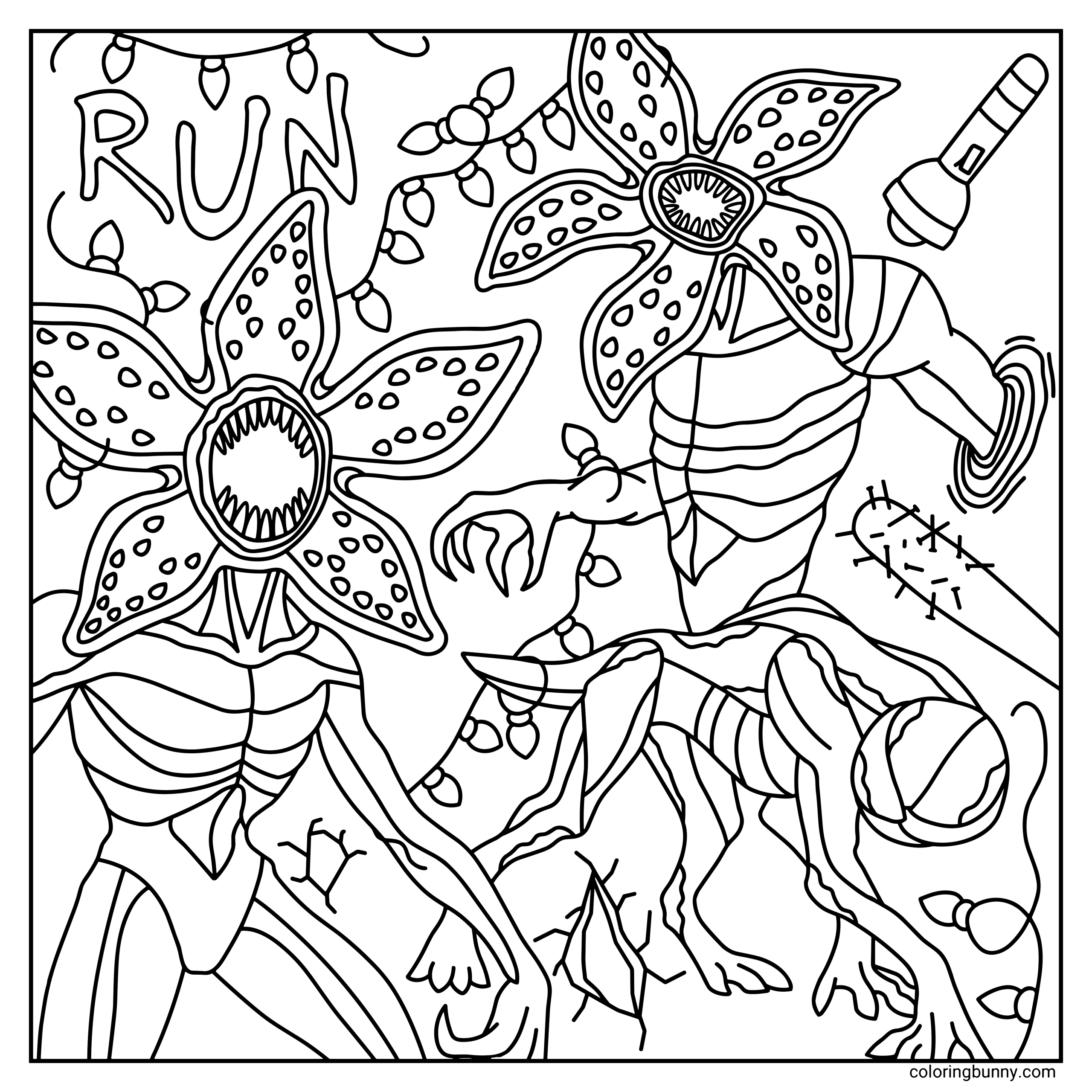 A hand-drawn cozy-style Stranger Things coloring page featuring three Demogorgons tangled in festive string lights, surrounded by cracks, vines, and eerie details, with playful “RUN” lettering and a whimsical, cartoon-like horror vibe.
