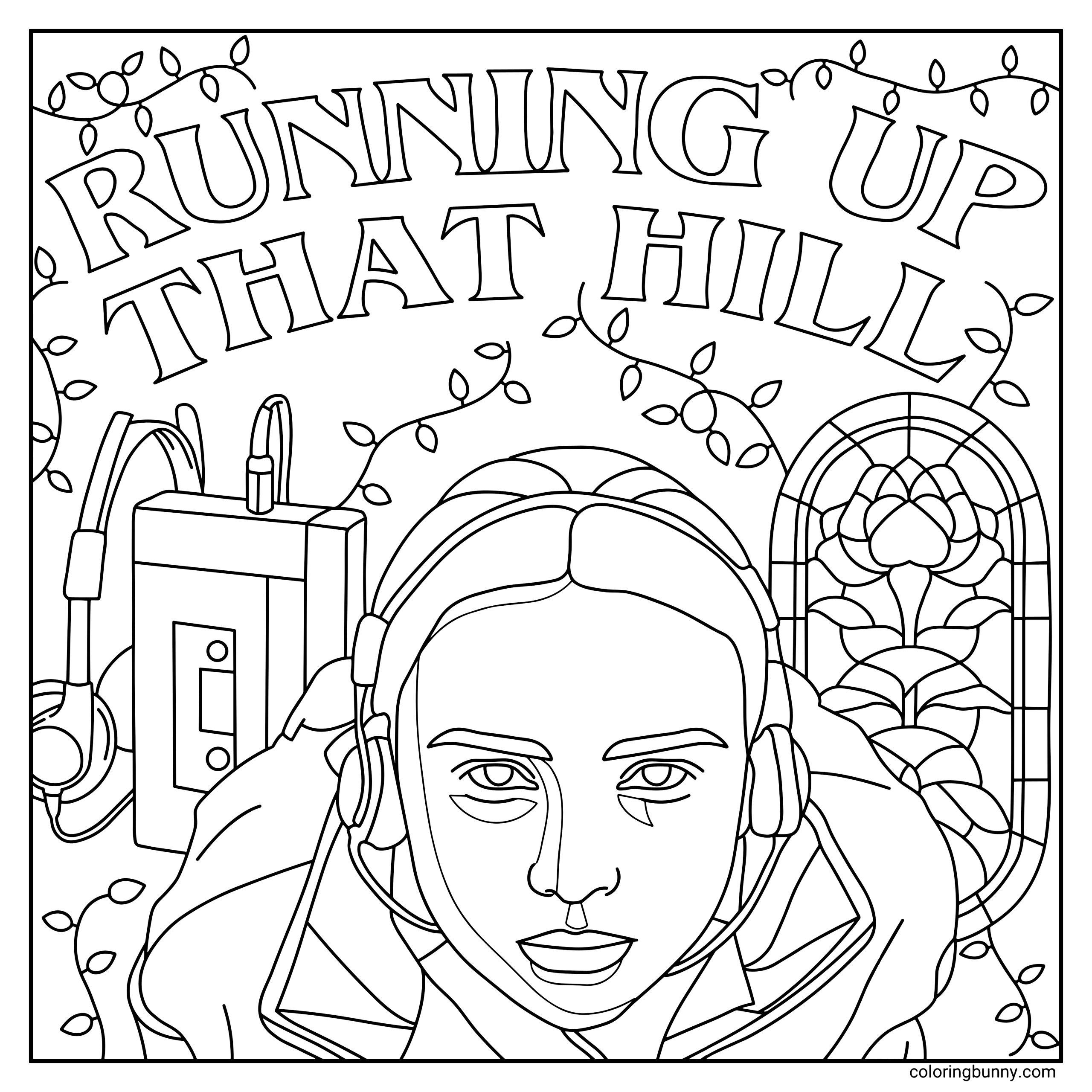 A detailed cozy Stranger Things coloring page featuring Max Mayfield wearing headphones, leaning forward with a focused expression as cassette tapes and vines surround her. The scene references her iconic escape moment, with retro details and imagery inspired by the song “Running Up That Hill” playing.