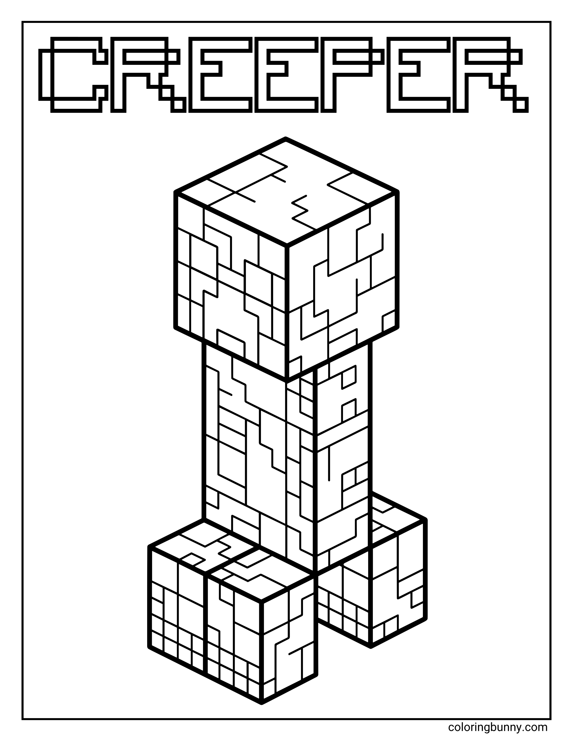 A Minecraft coloring page featuring a Creeper standing tall with its signature blocky shape and pixelated texture, with the word “Creeper” written above in Minecraft-style font.