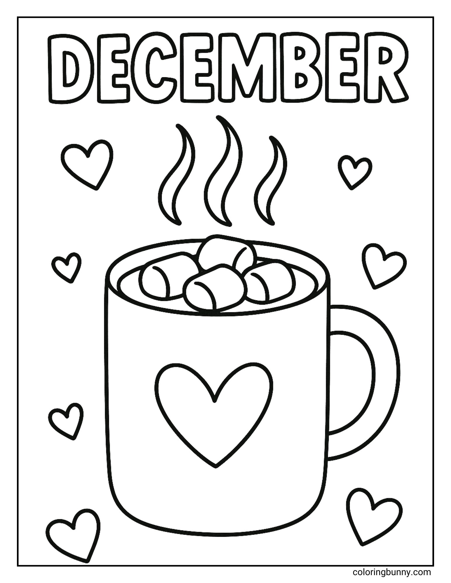 A black and white coloring page with the word "DECEMBER" at the top. The image features a large mug with a heart on it, filled with steaming hot cocoa and marshmallows. The background is filled with small hearts.