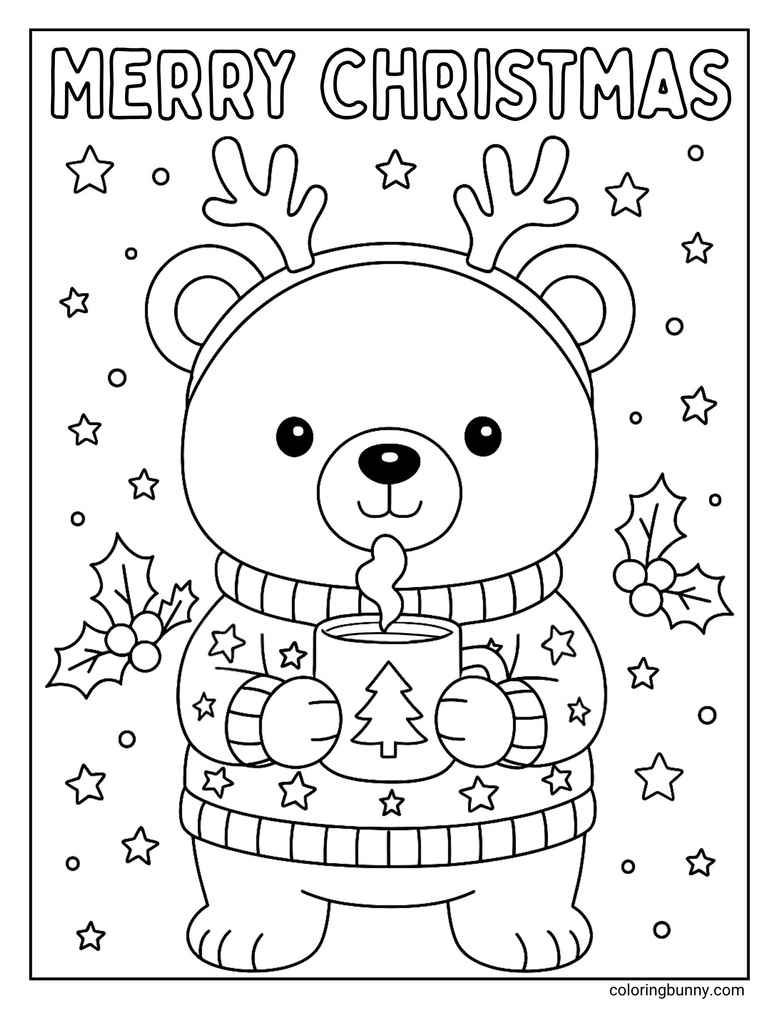 A Christmas coloring page featuring a cute bear wearing reindeer antlers and a Christmas sweater with stars on it. The bear is holding a mug of hot cocoa, and the background is decorated with stars, holly, and falling snow.