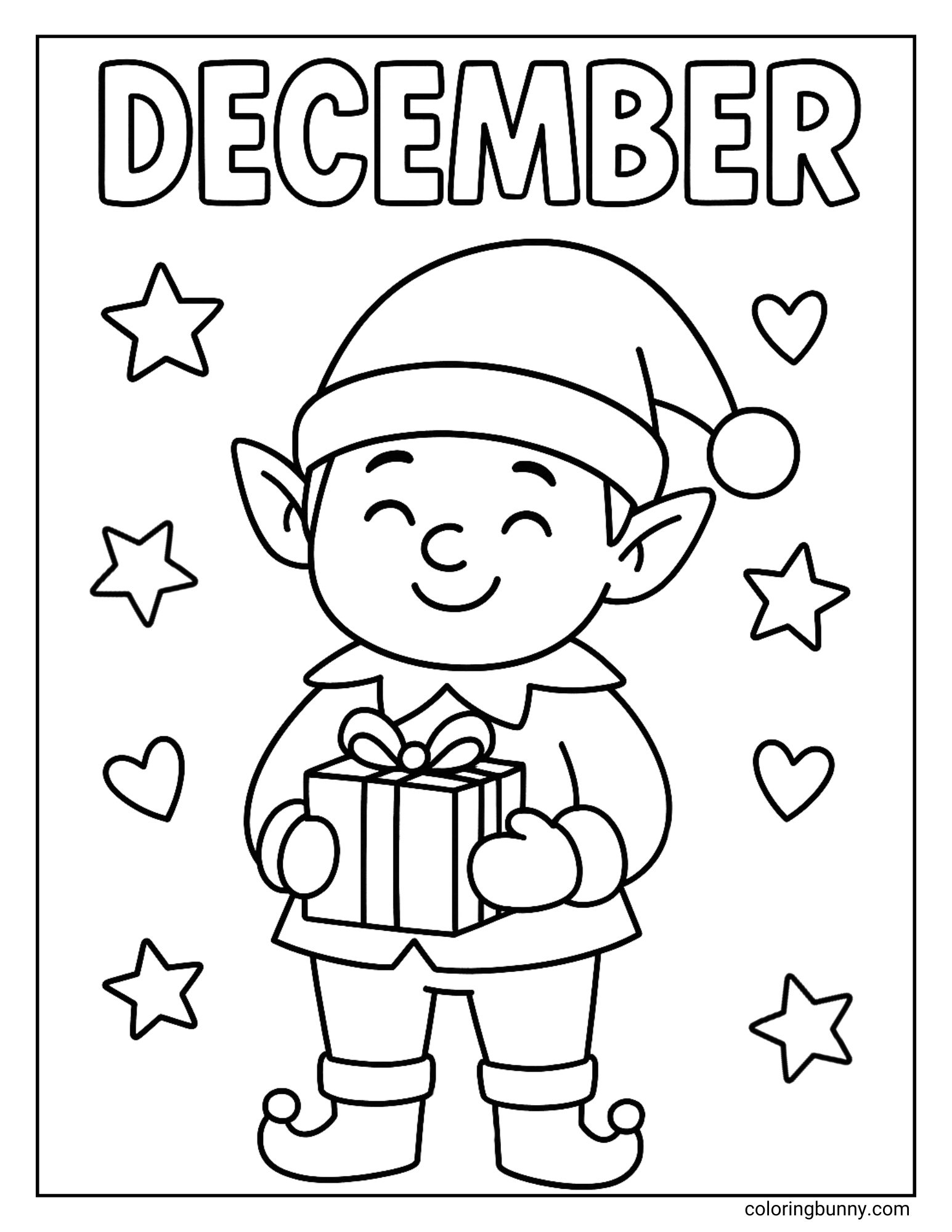 A December coloring page with the word "DECEMBER" at the top. It features a smiling Christmas elf wearing a Santa hat and curly shoes, holding a wrapped present. The background is filled with stars and hearts.