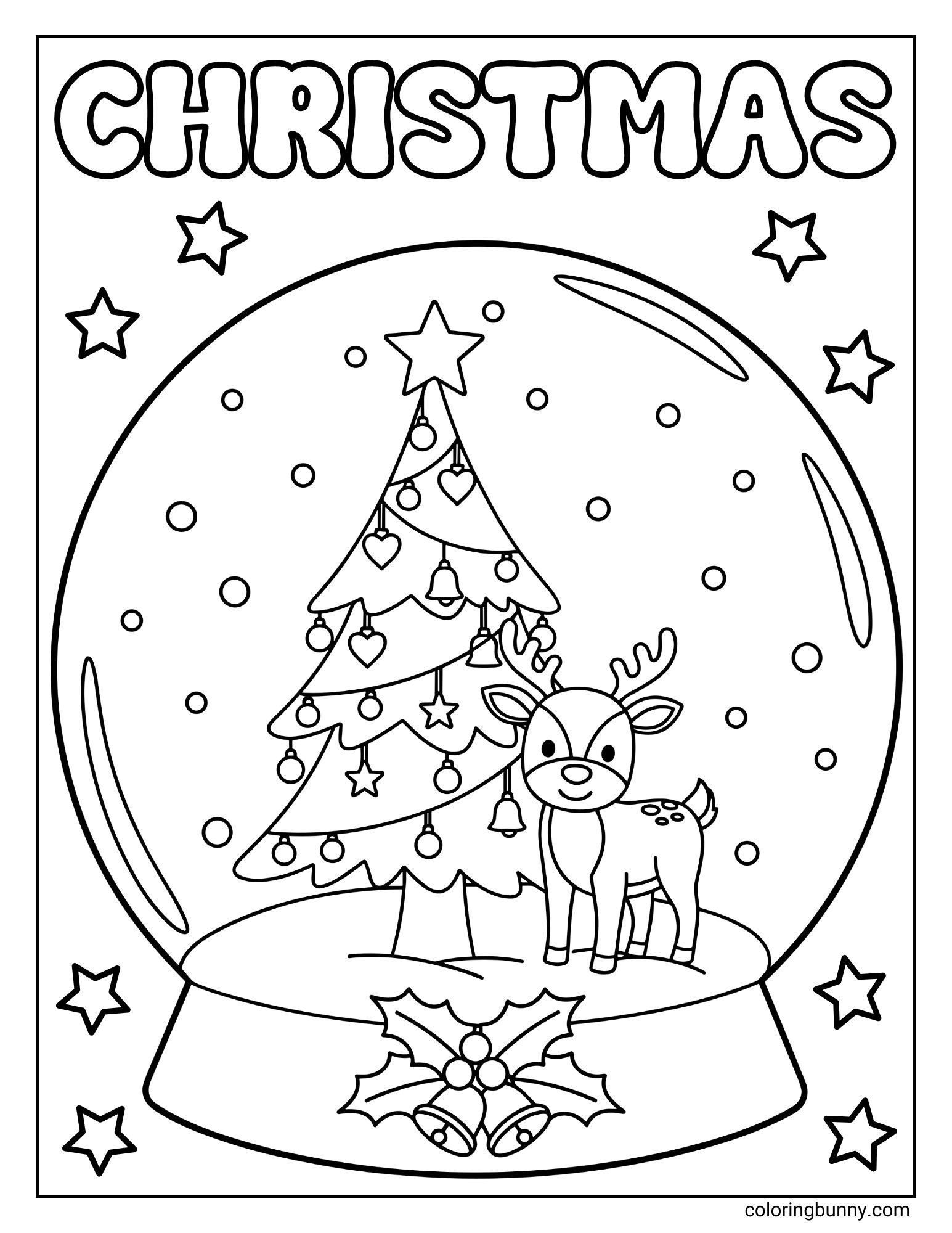 A coloring sheet featuring the word "CHRISTMAS" in bubble letters above a large snow globe. Inside, a cute cartoon reindeer stands next to a decorated tree, while stars float in the background and bells adorn the base.