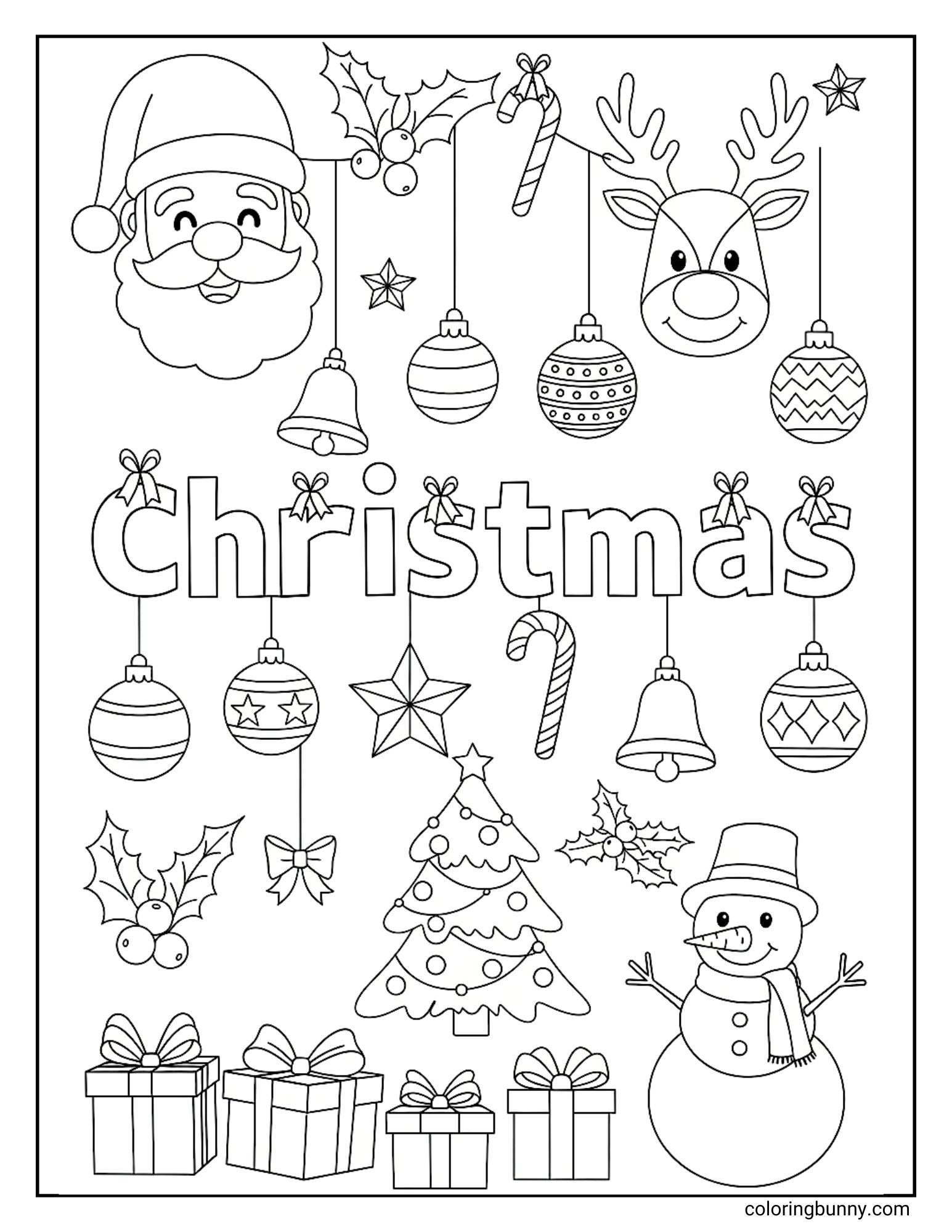 A black and white coloring page with the word "Christmas" in the center. The page is filled with festive doodles, including Santa's face, a reindeer, a snowman, a Christmas tree, presents, hanging ornaments, and holly.
