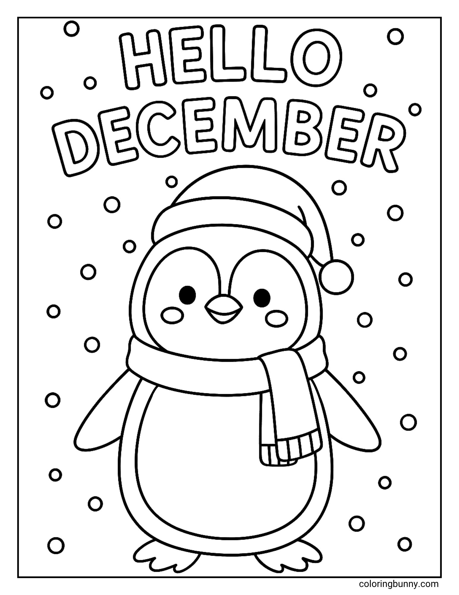 A December coloring page with the text "HELLO DECEMBER" at the top. It features a cute penguin wearing a Santa hat and a scarf, surrounded by falling snow.