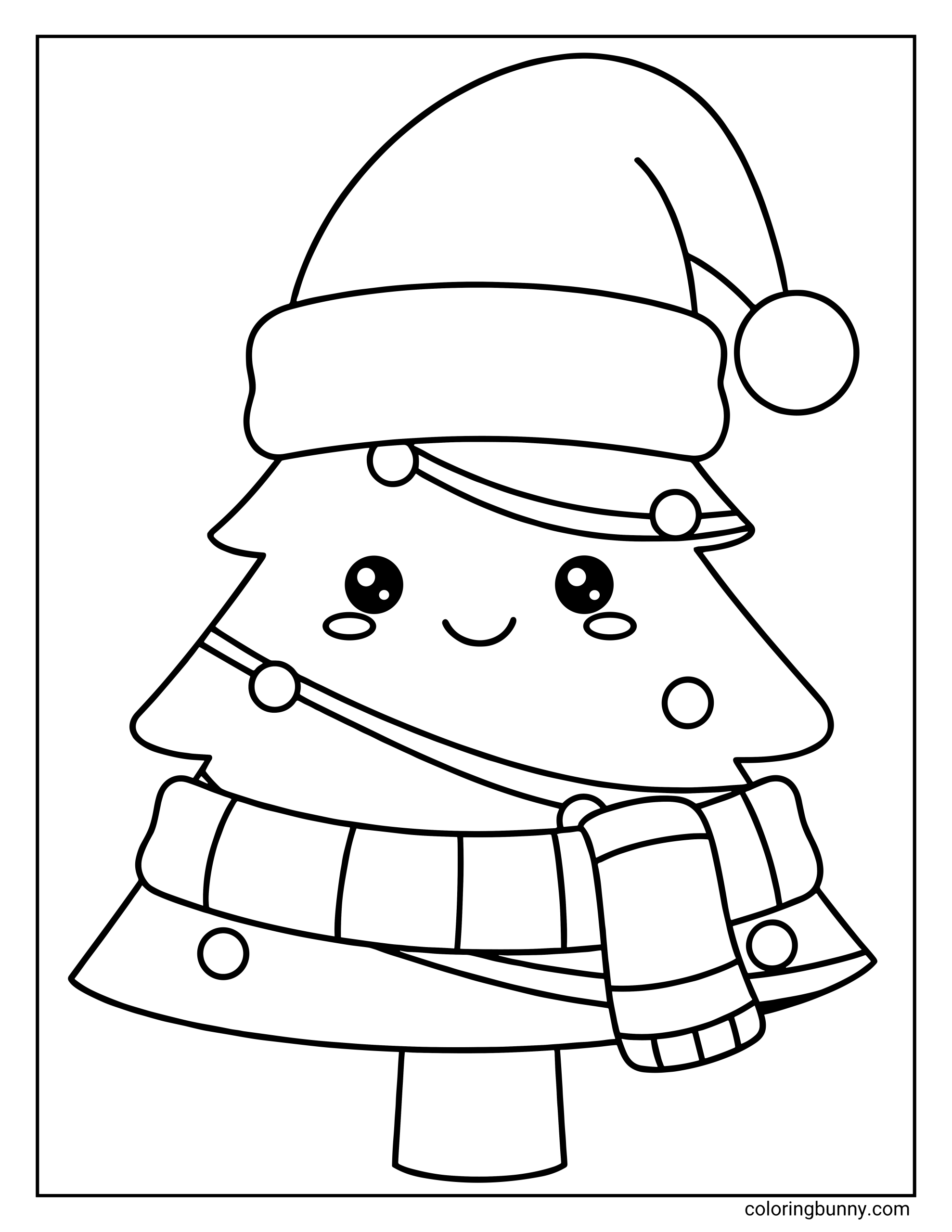 A coloring page featuring a kawaii Christmas tree character with a happy face. The tree is wrapped in string lights and wears a large Santa hat along with a striped scarf.