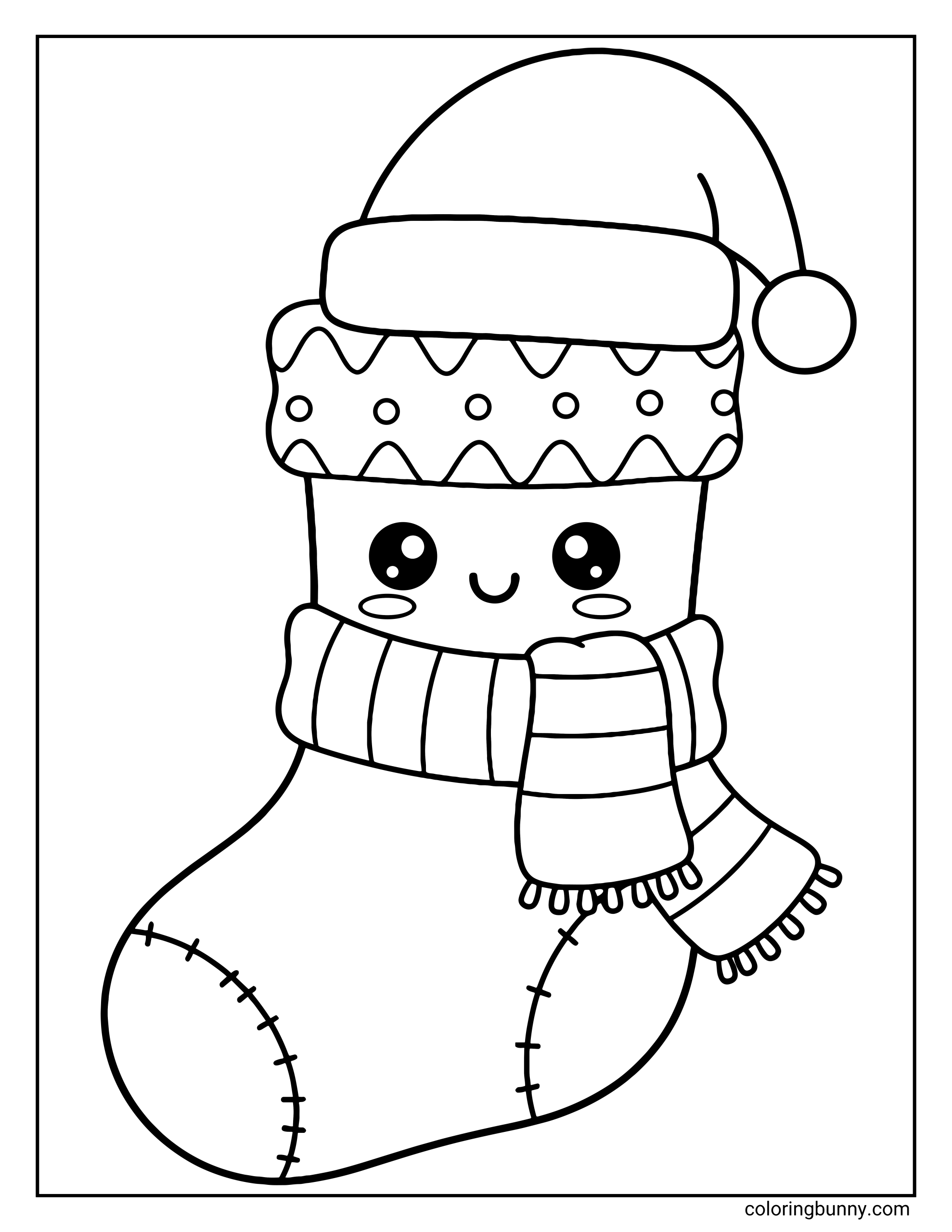 A coloring page featuring a kawaii-style Christmas stocking character. The stocking has a smiling face and wears a Santa hat with a patterned cuff along with a striped scarf.