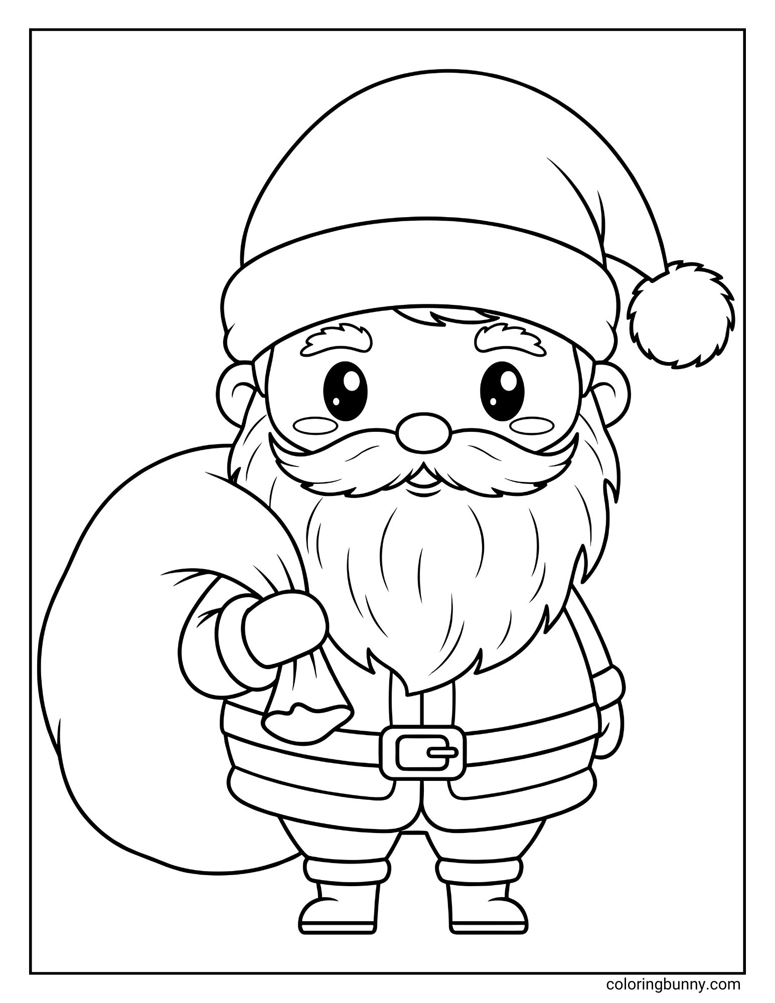A santa Christmas coloring page depicting a kawaii-style cartoon Santa Claus standing and facing forward. He has large eyes, a full beard, and is holding a large toy sack over his right shoulder.