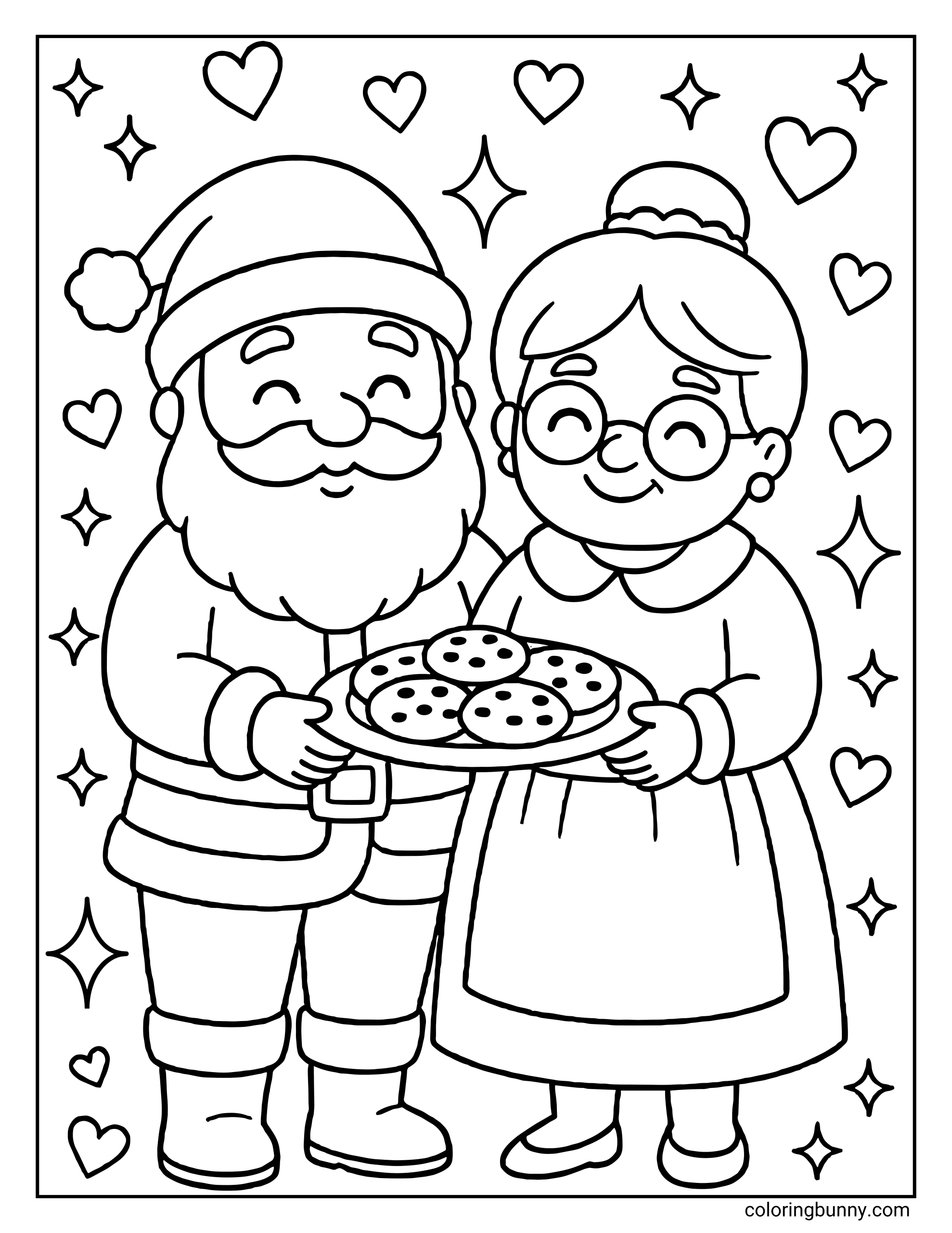 A coloring sheet featuring Santa Claus and Mrs. Claus standing side-by-side holding a platter of chocolate chip cookies. They are surrounded by floating hearts and four-pointed stars.