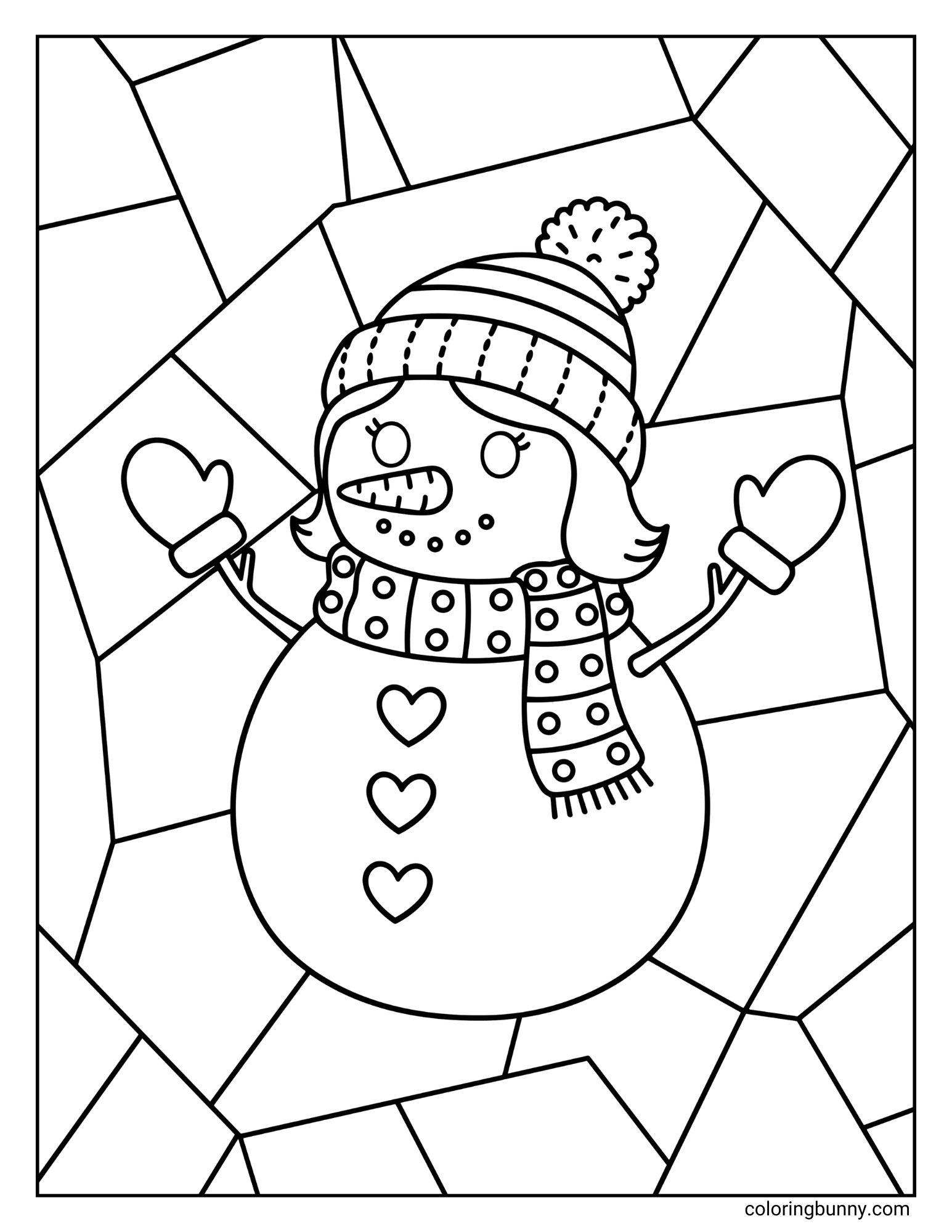 A black and white coloring page featuring a snowwoman. She is wearing a knit hat, a polka-dot scarf, and mittens, and has three heart-shaped buttons. The background is a geometric pattern of intersecting lines.