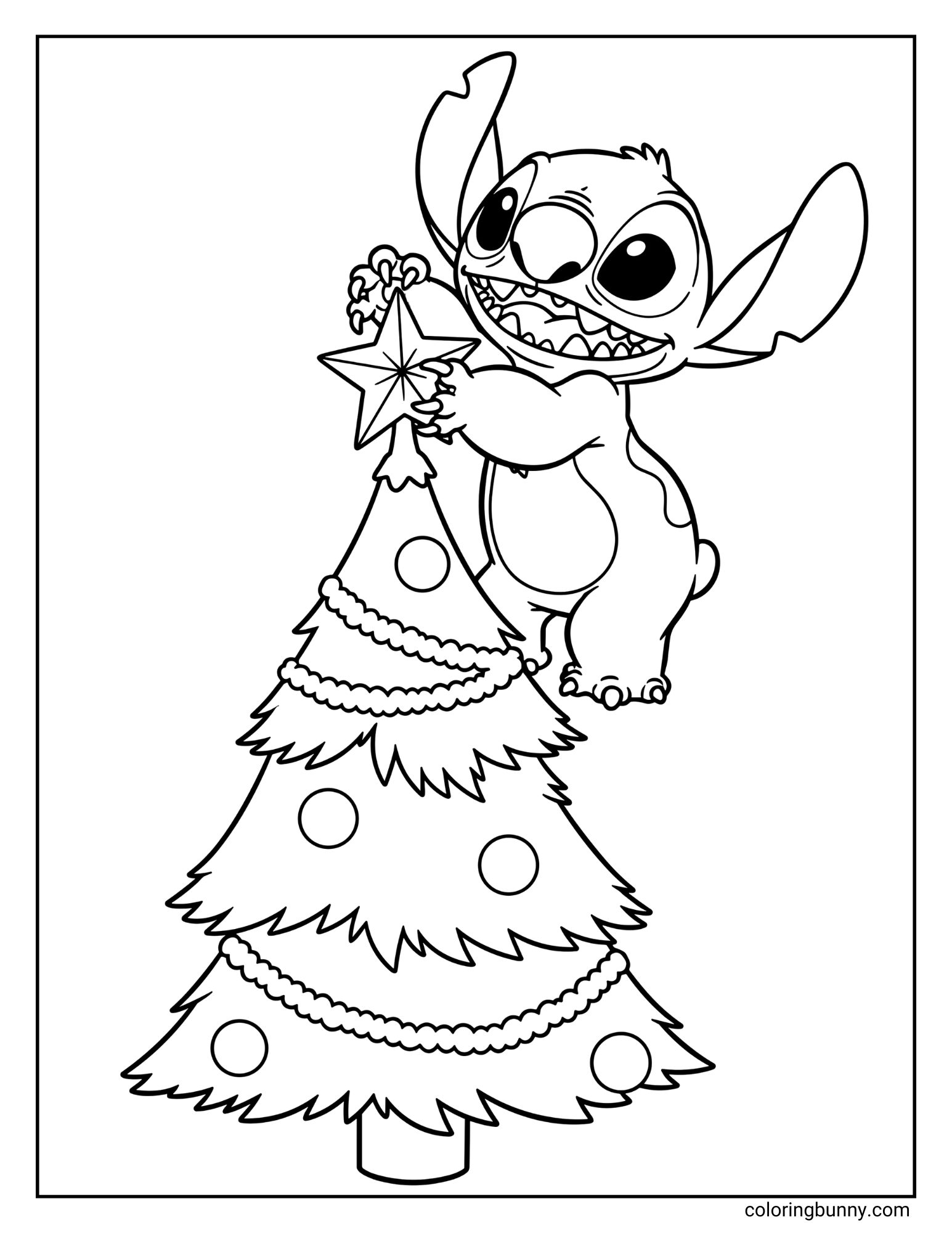 A black and white coloring page featuring the character Stitch. He is happily climbing near the top of a decorated Christmas tree to put the star on.
