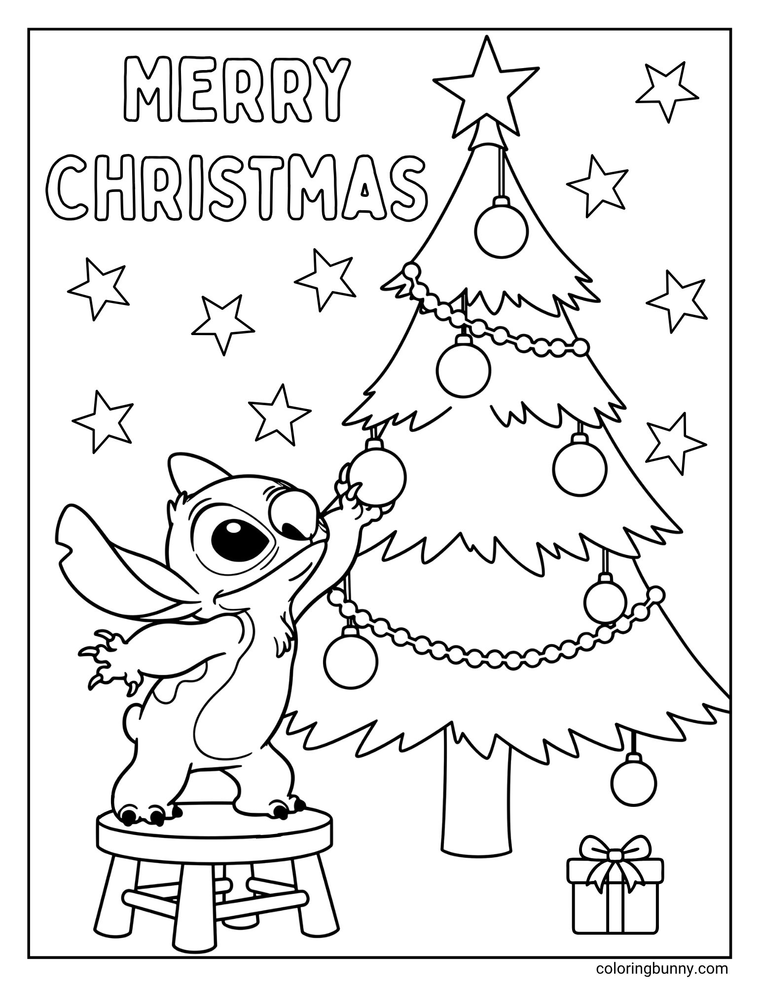 A black and white coloring page featuring the Disney character Stitch standing on a stool and hanging an ornament on a decorated Christmas tree. A present is on the floor, and stars are in the background.