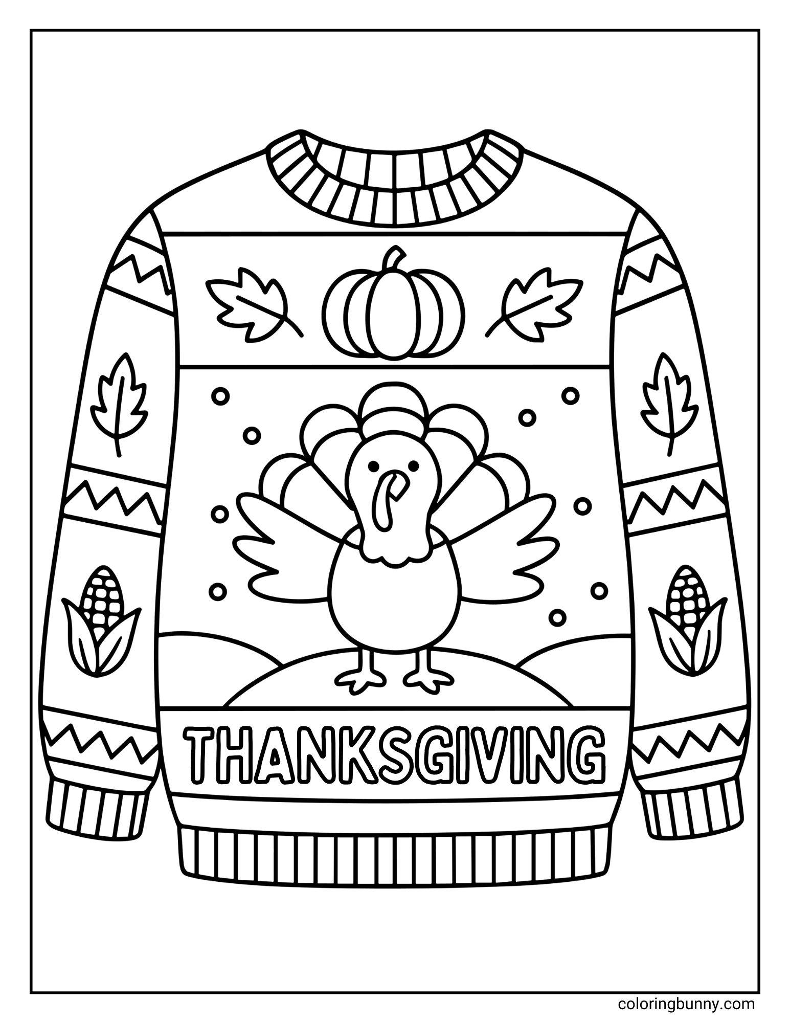 A coloring sheet depicting a patterned Thanksgiving jumper. The design features a central cartoon turkey, a pumpkin on the chest, corn on the sleeves, and the word "THANKSGIVING" near the hem.