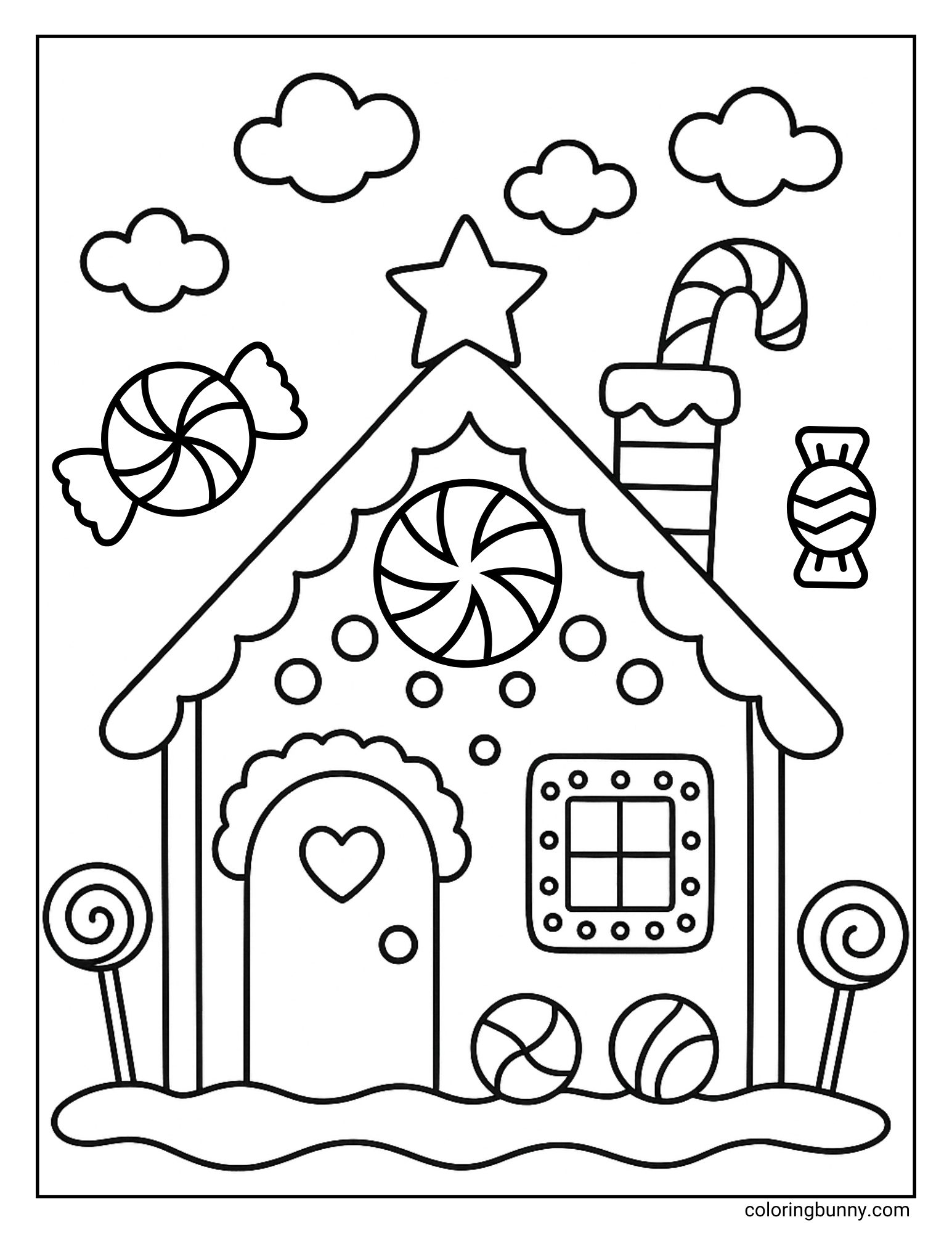 A printable coloring sheet depicting a gingerbread house with a star on the roof and a candy cane sticking out of the chimney. Large wrapped candies float in the sky above the house.