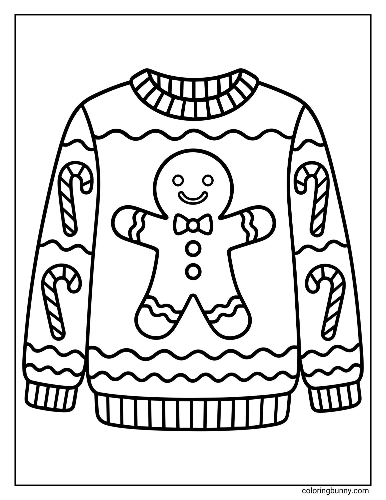 A printable coloring sheet featuring a Christmas jumper design. The sweater displays a smiling gingerbread man in the center, while the sleeves are decorated with pattern rows of striped candy canes.