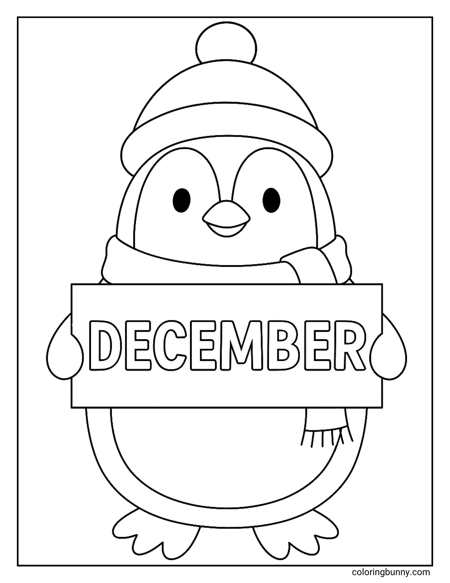 A black and white December coloring page of a cute penguin is standing, wearing a knit hat with a pom-pom and a striped scarf. It is holding a sign that reads "DECEMBER".